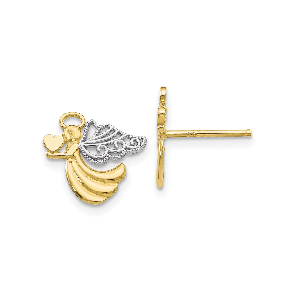10k Yellow Gold Angel Stud Earrings with Heart and Detailed Wings Design