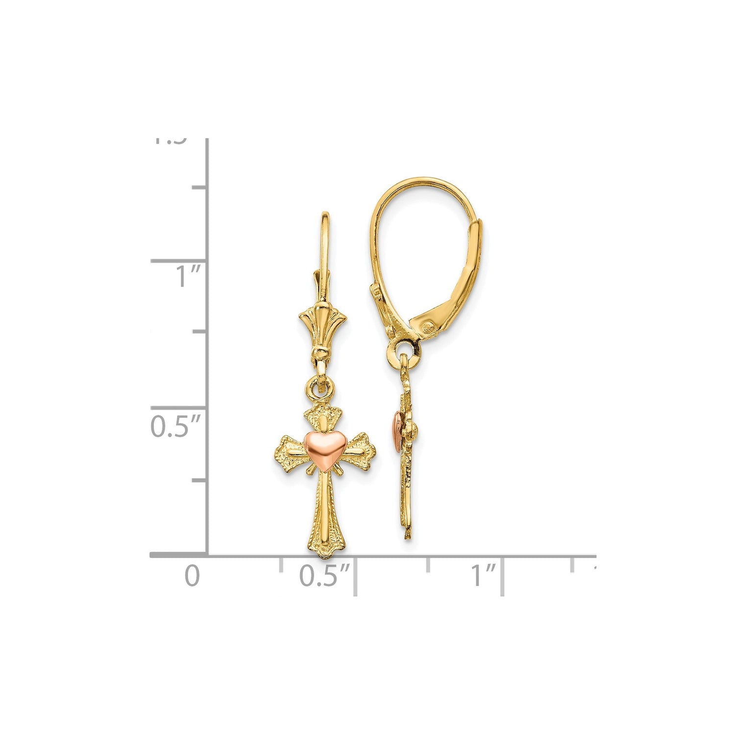 10k Yellow Gold Cross Pendant with Two Tone Design and Heart Accent