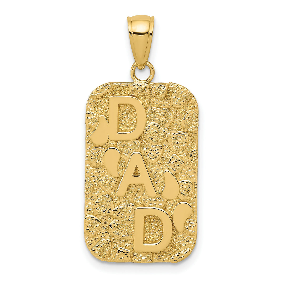 10k Yellow Gold Dad Pendant with Raised Block Letters and Heart Pattern Background