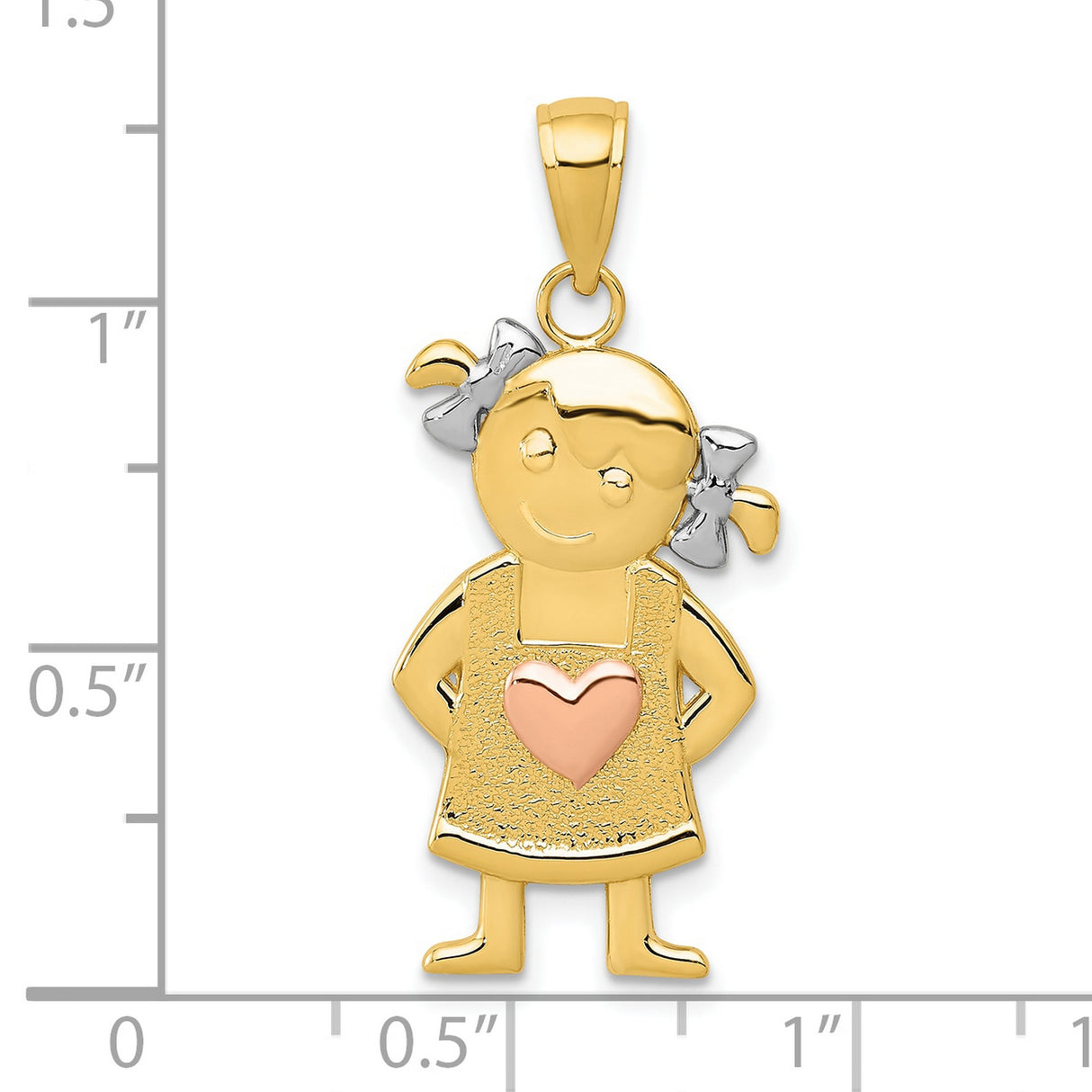 10k Two-Tone Gold Girl Pendant with Rose Gold Heart and White Gold Hair Bows