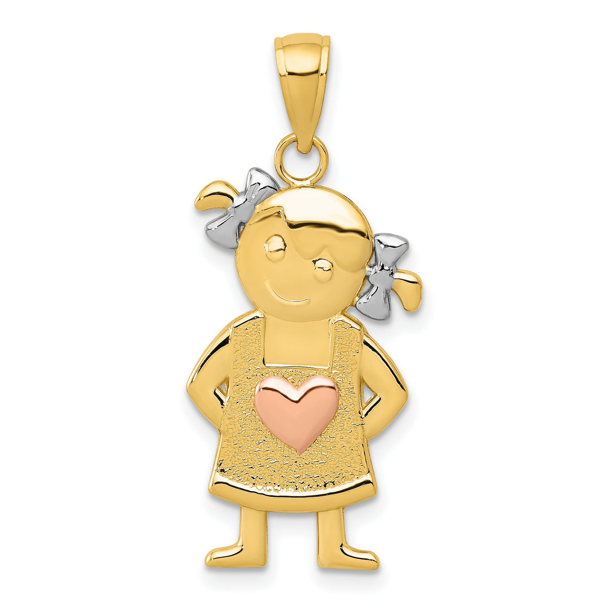 10k Two-Tone Gold Girl Pendant with Rose Gold Heart and White Gold Hair Bows
