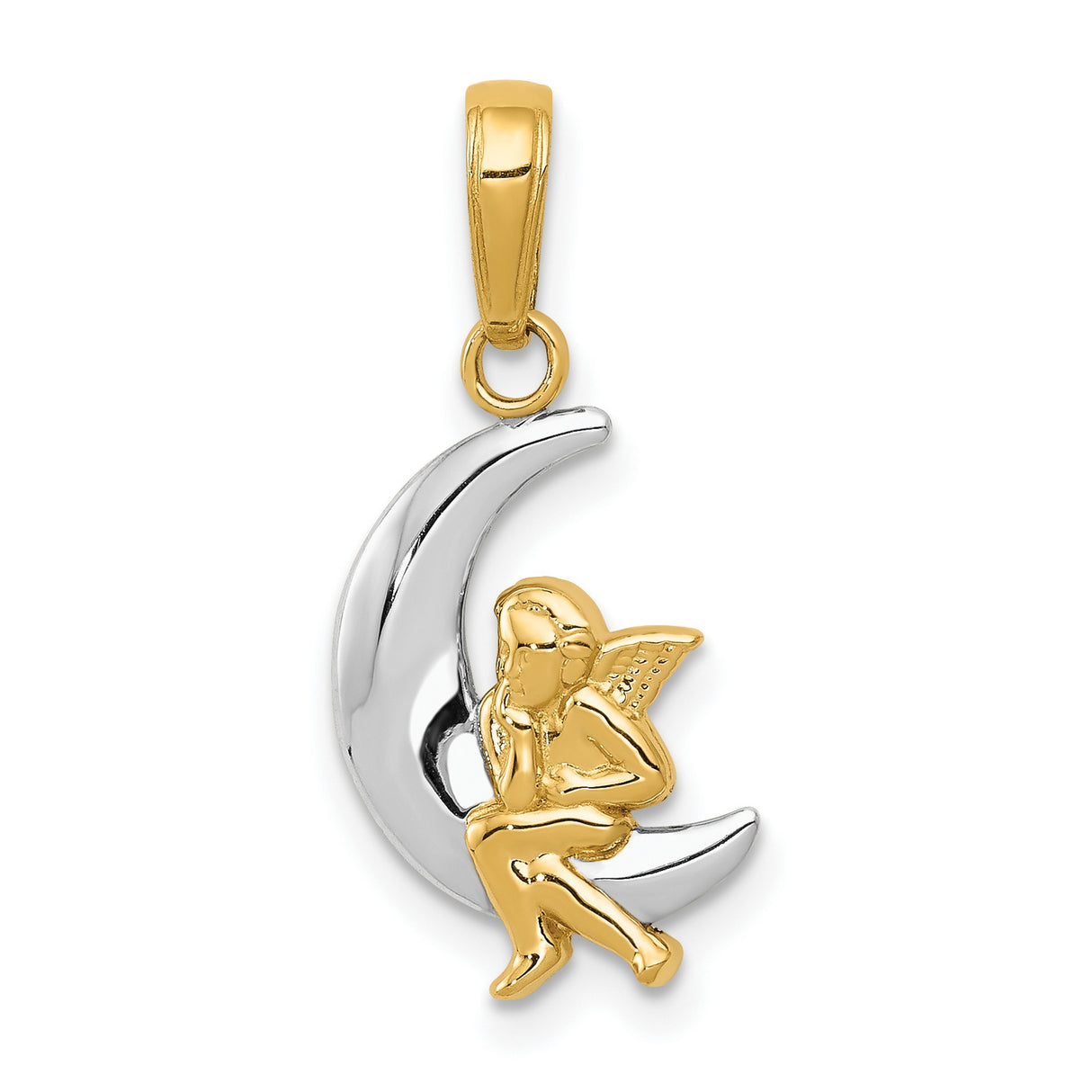 10k Multi-Tone Gold Moon and Angel Pendant with Sitting Cherub, Celestial Christian Jewelry
