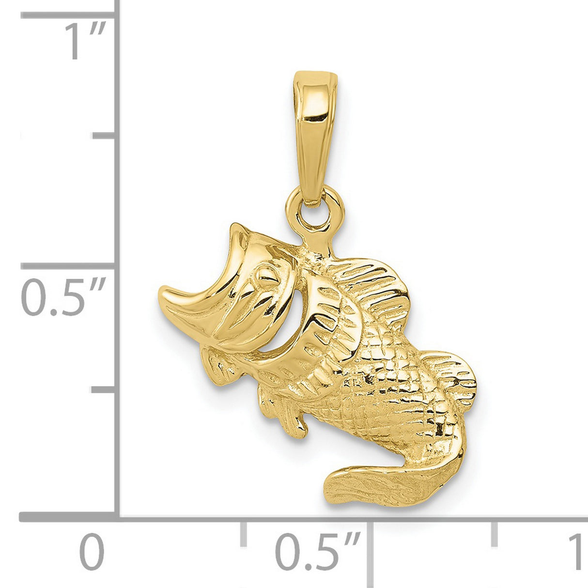 10k Yellow Gold Bass Fish Pendant with Fin and Scale Detail, Realistic Largemouth Design