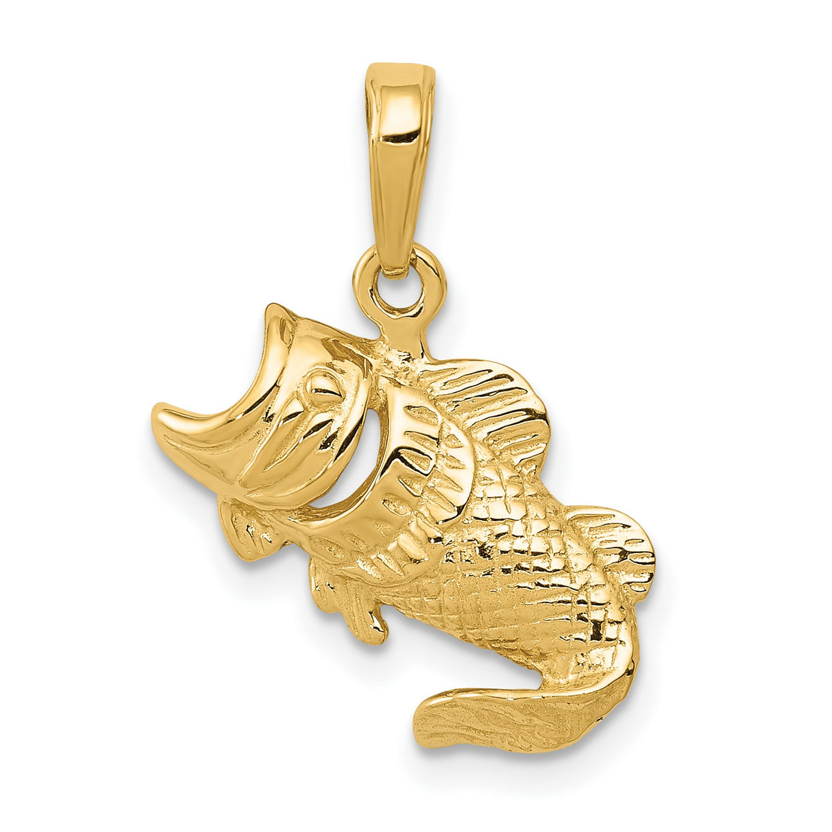 10k Yellow Gold Bass Fish Pendant with Fin and Scale Detail, Realistic Largemouth Design