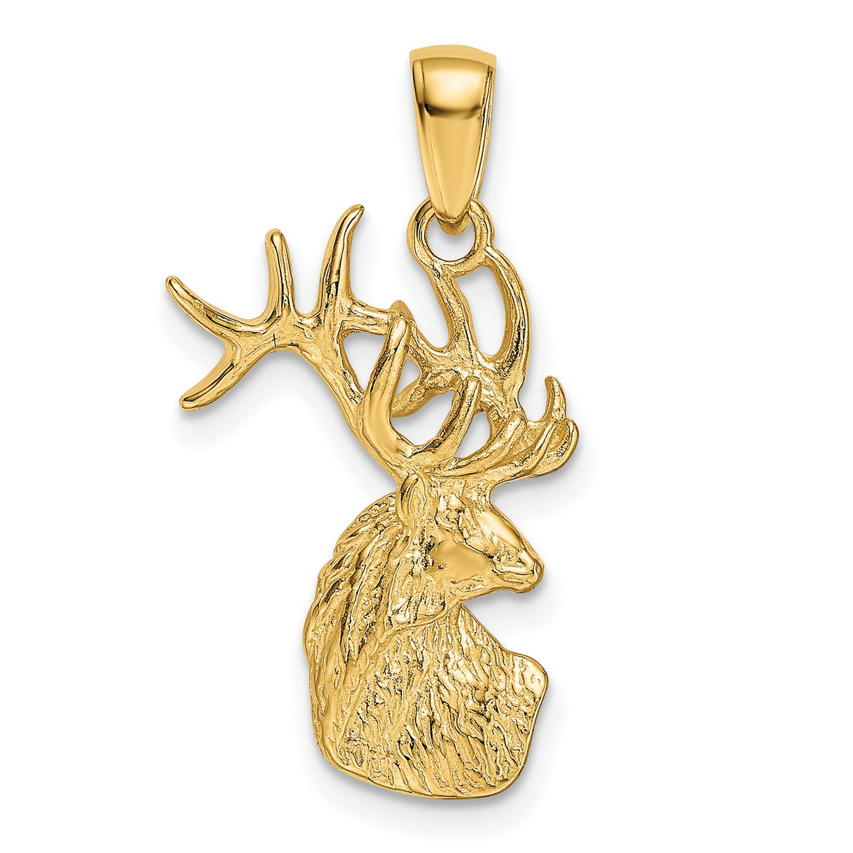 10k Yellow Gold Elk Head Pendant with Detailed Antlers and Textured Fur, Rustic Wildlife Charm
