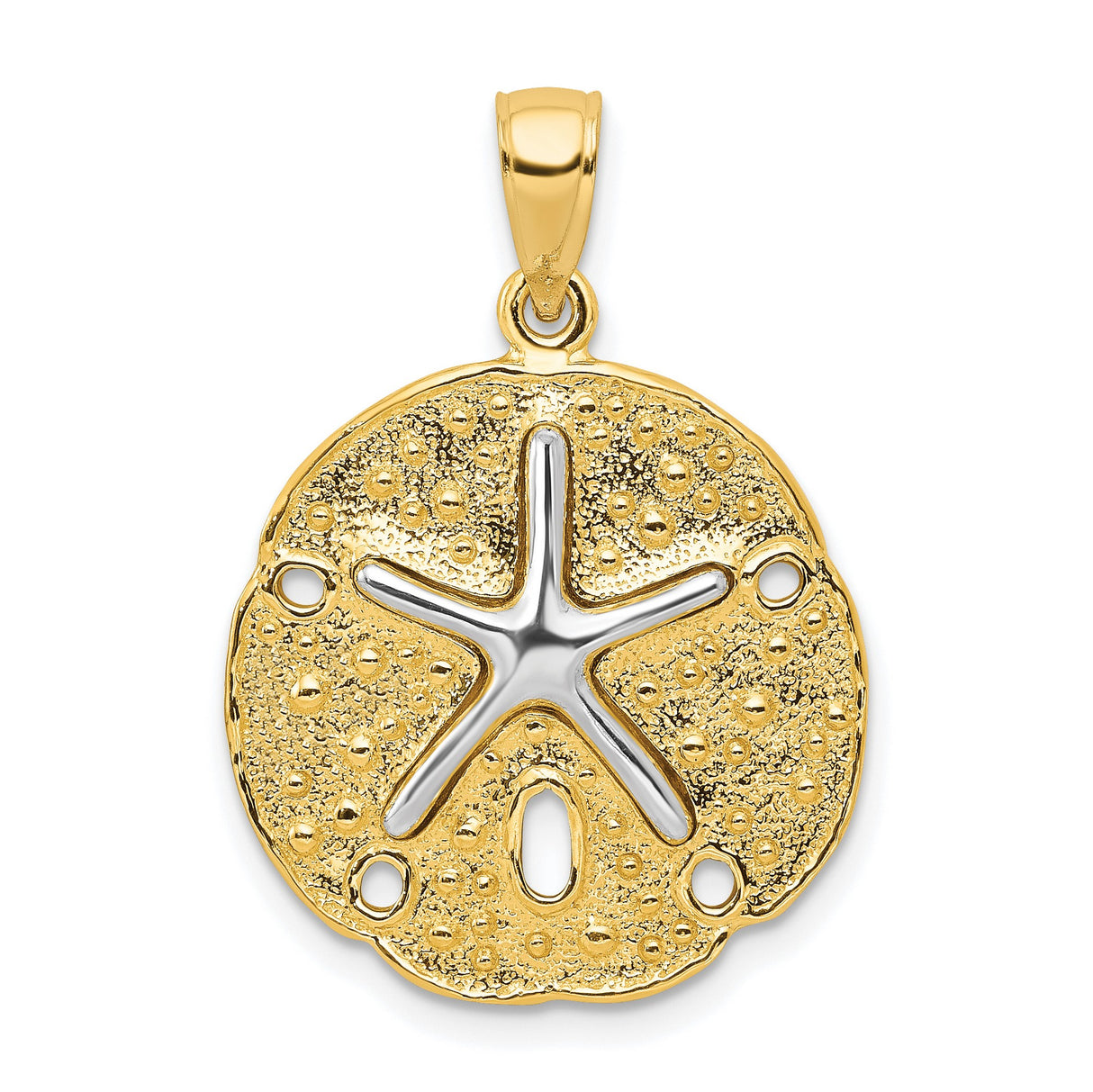 10k Two-Tone Gold Sand Dollar Pendant with Raised Starfish Design, Nautical Ocean Theme