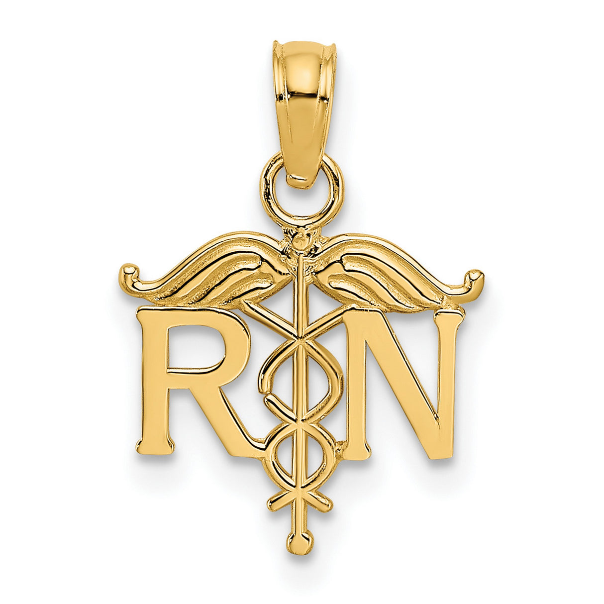 10k Yellow Gold RN Pendant with Caduceus Symbol for Nurses and Healthcare Professionals