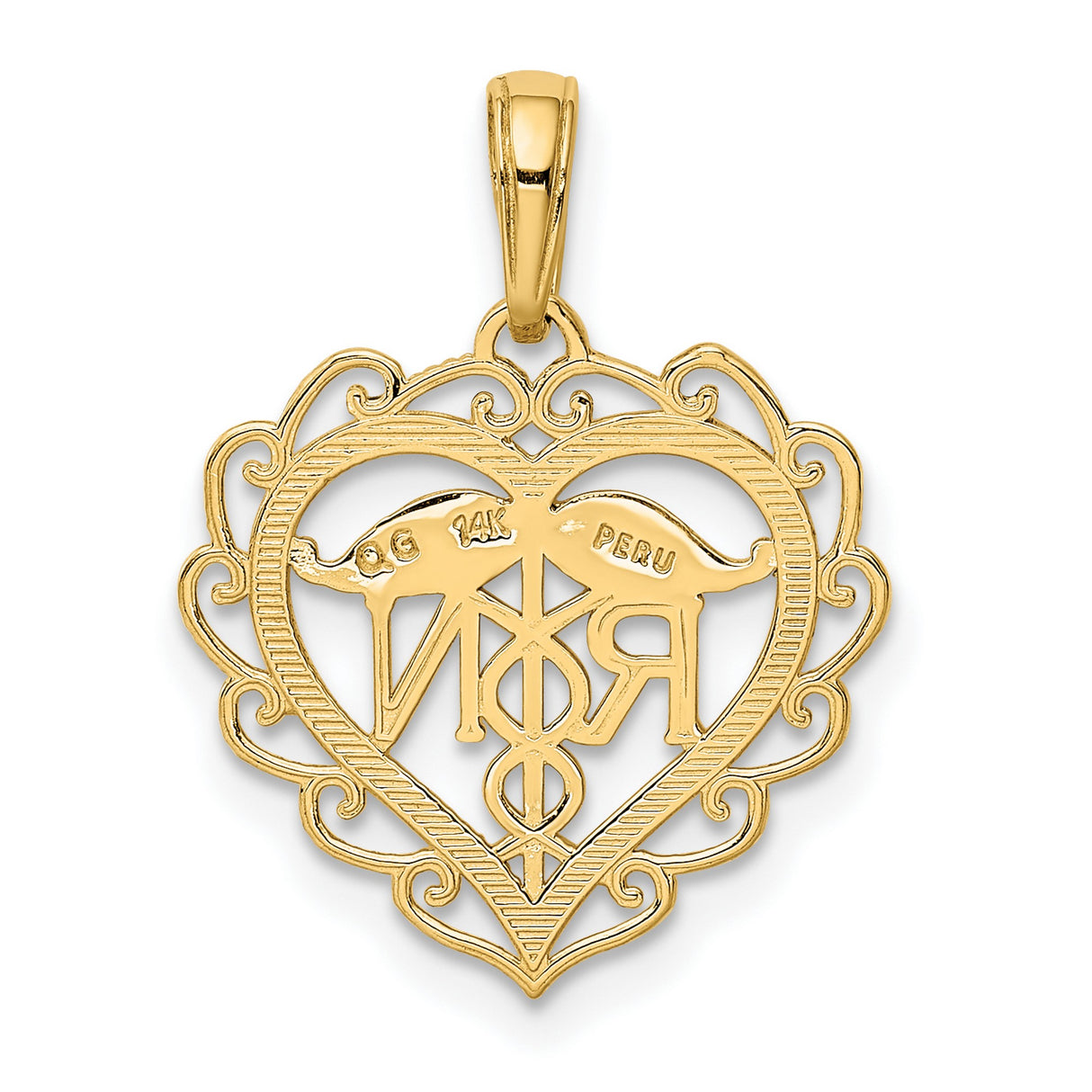 10k Yellow Gold RN Heart Pendant with Caduceus Symbol and Lace Border for Women