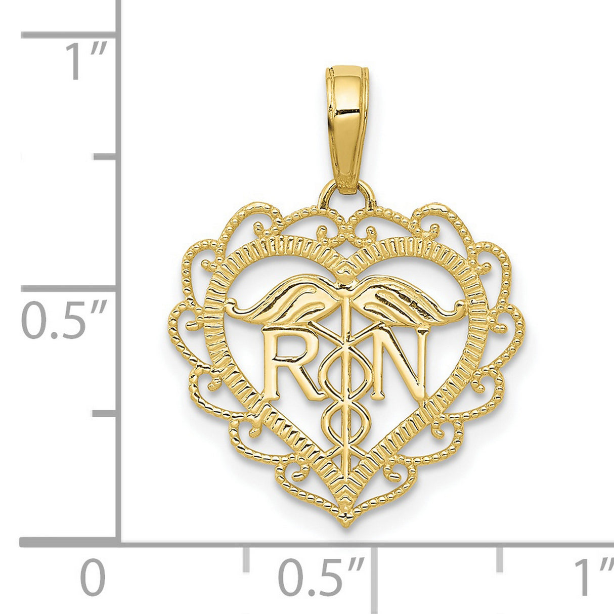 10k Yellow Gold RN Heart Pendant with Caduceus Symbol and Lace Border for Women