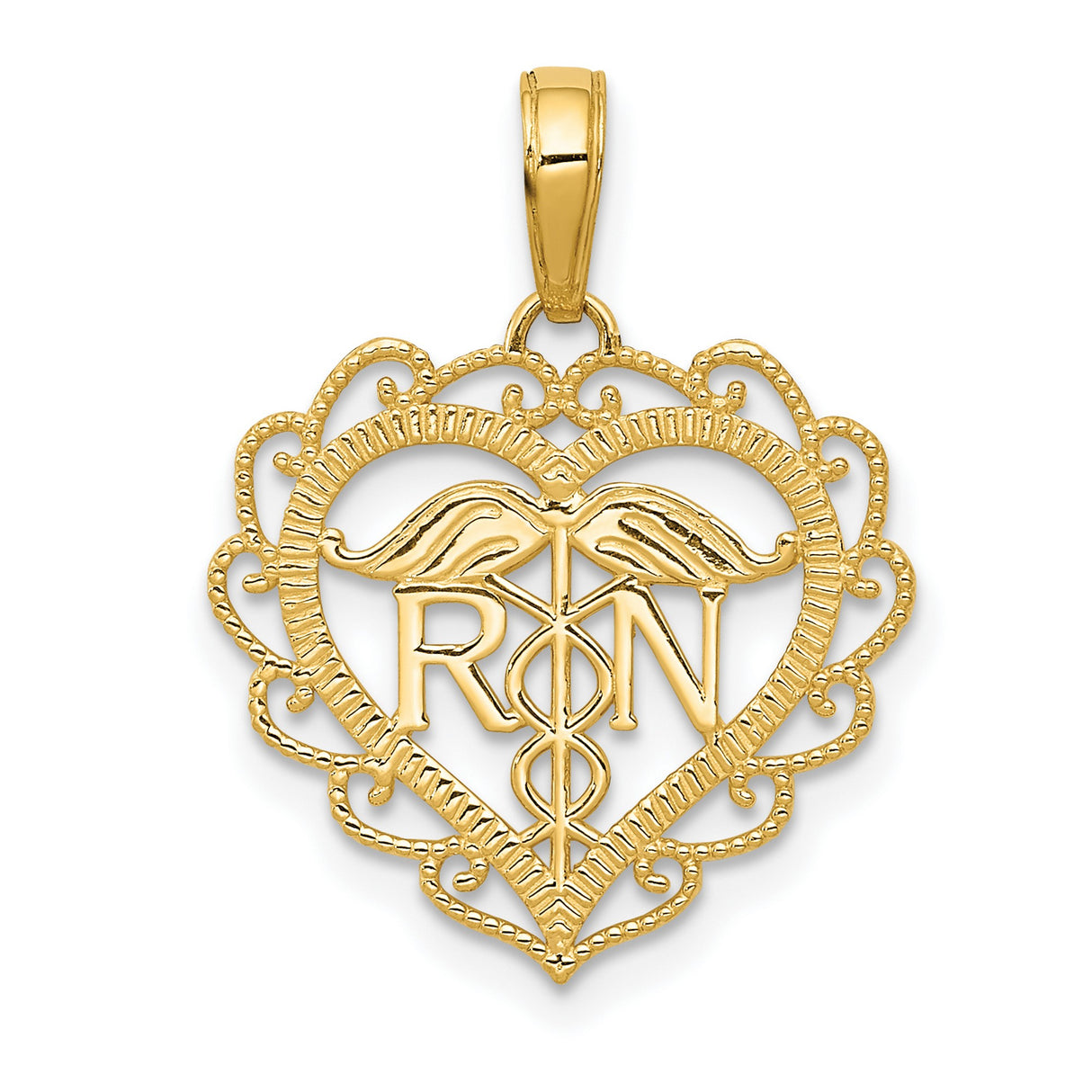 10k Yellow Gold RN Heart Pendant with Caduceus Symbol and Lace Border for Women