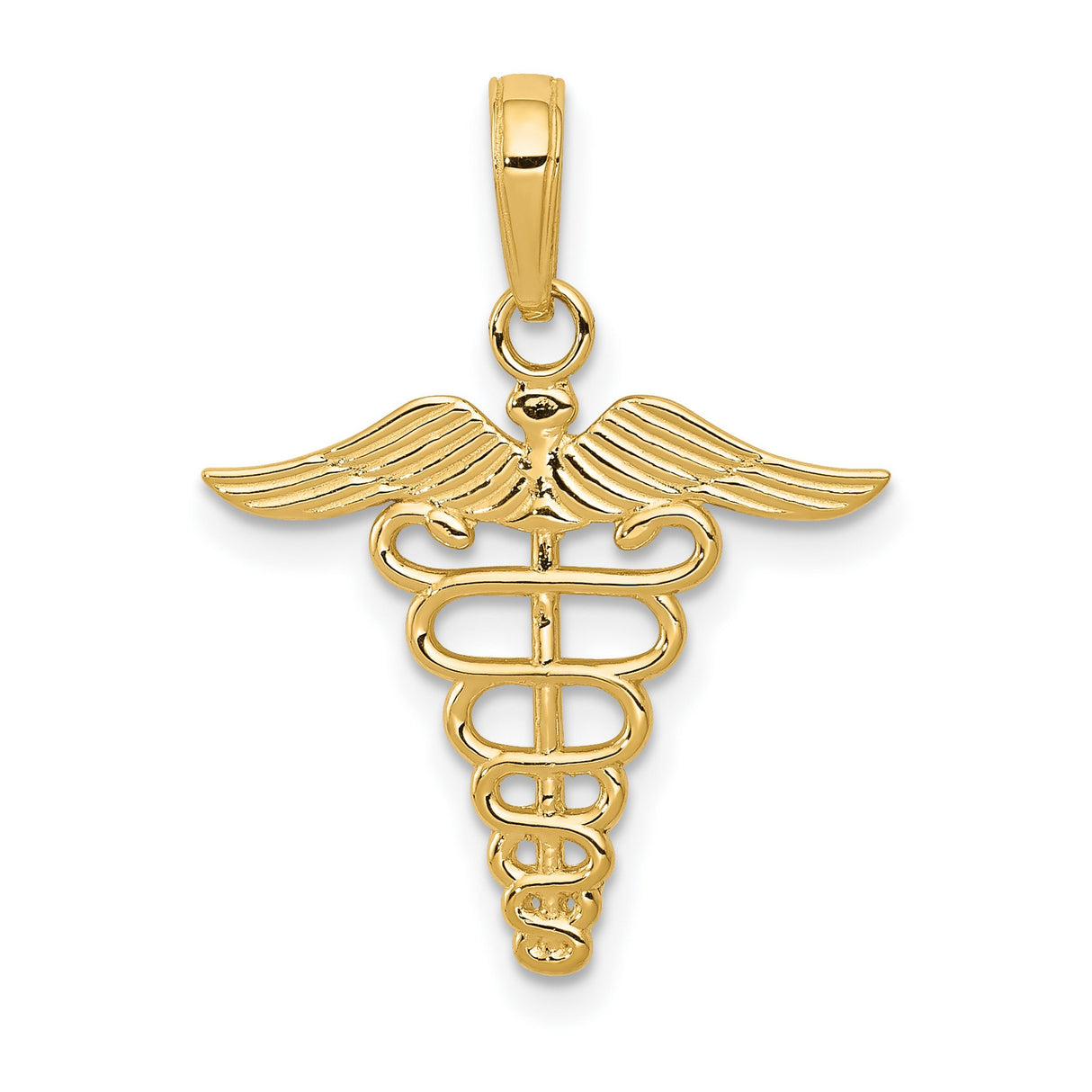 10k Yellow Gold Caduceus Pendant with Twin Serpents and Wings , Medical Symbol Jewelry