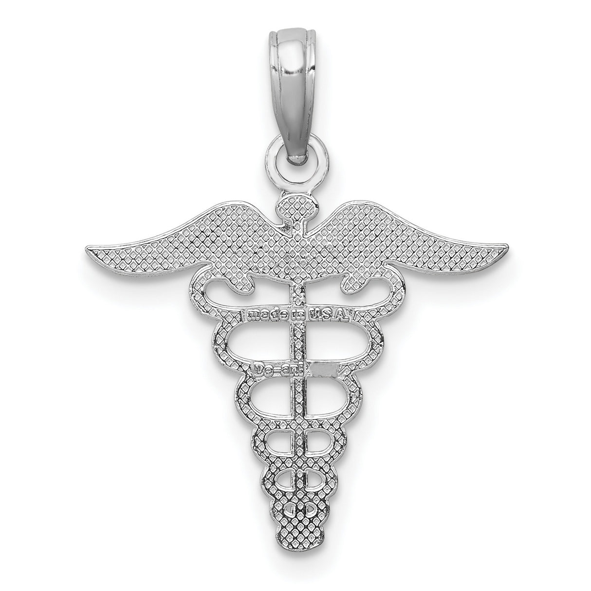 10k White Gold Caduceus Pendant, Medical Symbol with Snake Staff and Wings, Unisex Charm
