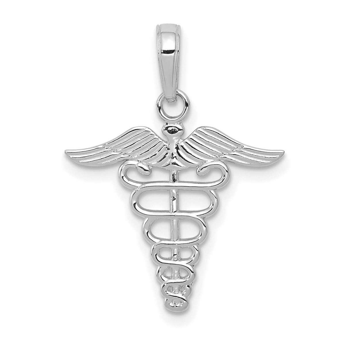 10k White Gold Caduceus Pendant, Medical Symbol with Snake Staff and Wings, Unisex Charm