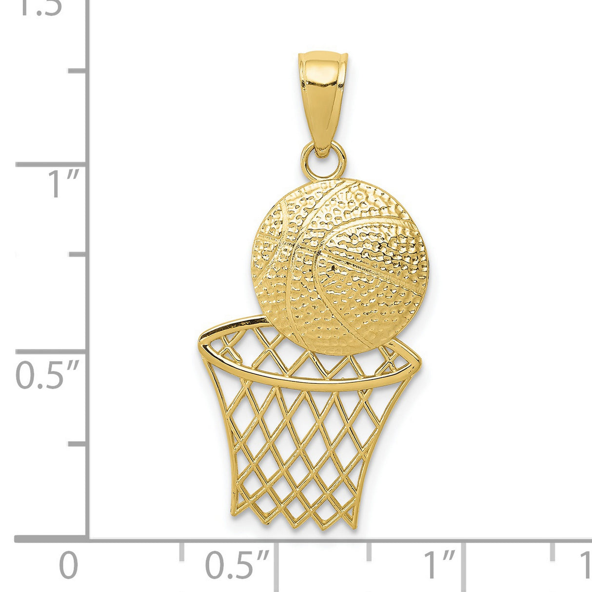 10k Yellow Gold Basketball Pendant with Ball and Hoop Design, Unisex Sports Charm for Athletes