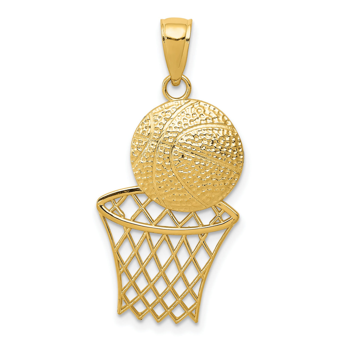 10k Yellow Gold Basketball Pendant with Ball and Hoop Design, Unisex Sports Charm for Athletes