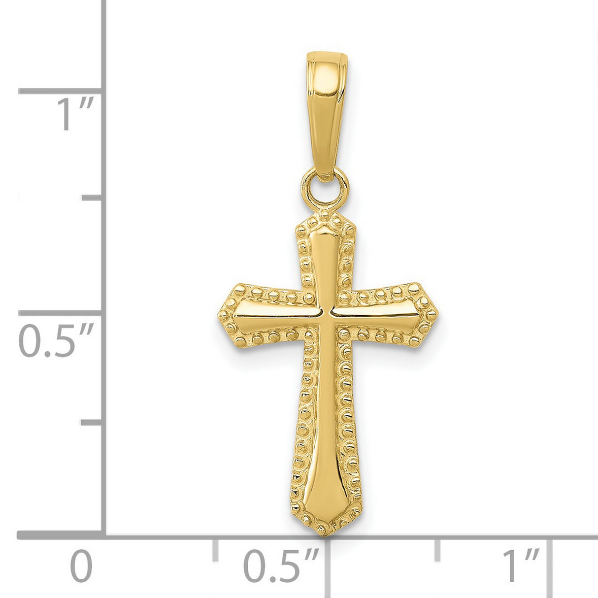 10k Yellow Gold Cross Pendant with Polished Finish, Beaded Religious Charm Design