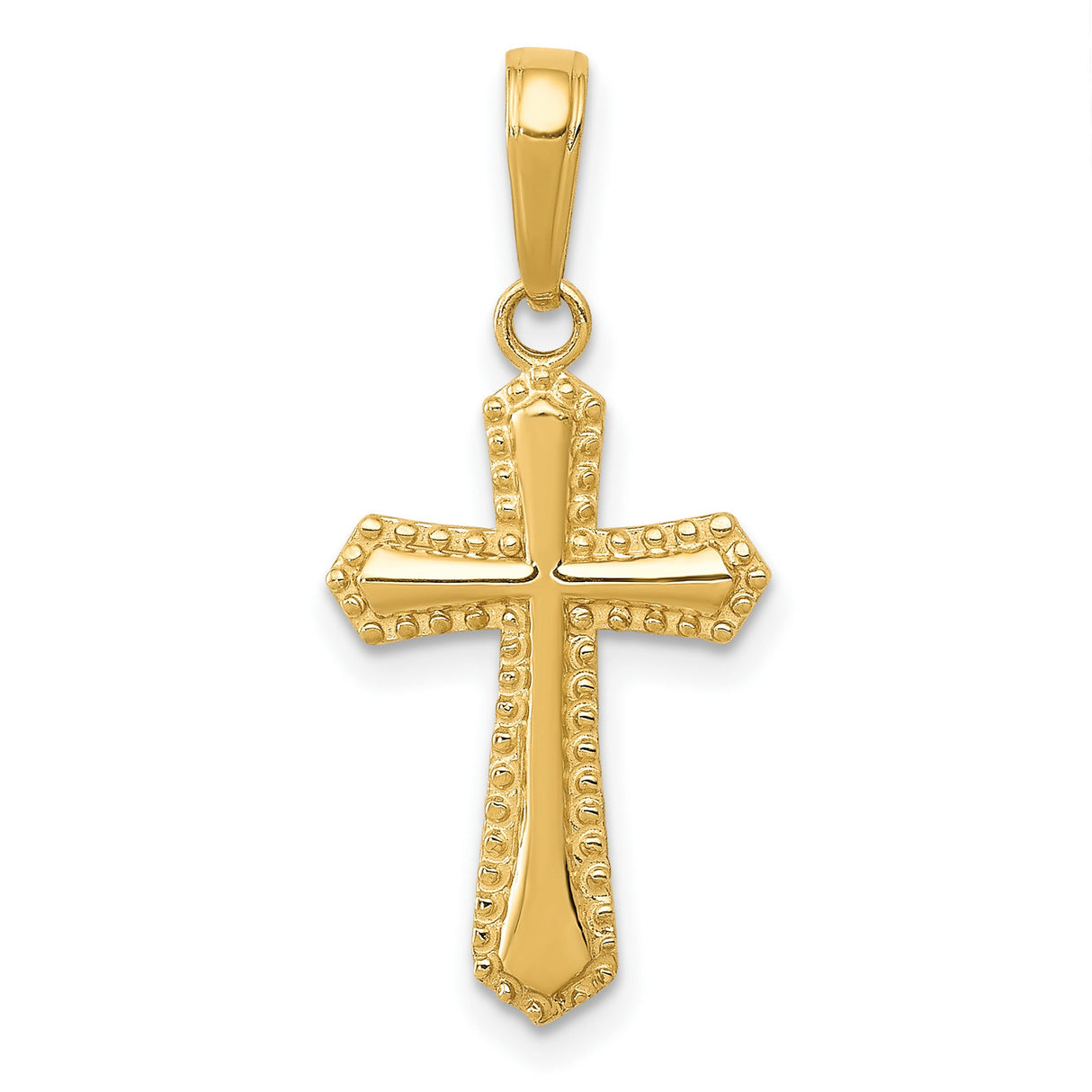 10k Yellow Gold Cross Pendant with Polished Finish, Beaded Religious Charm Design