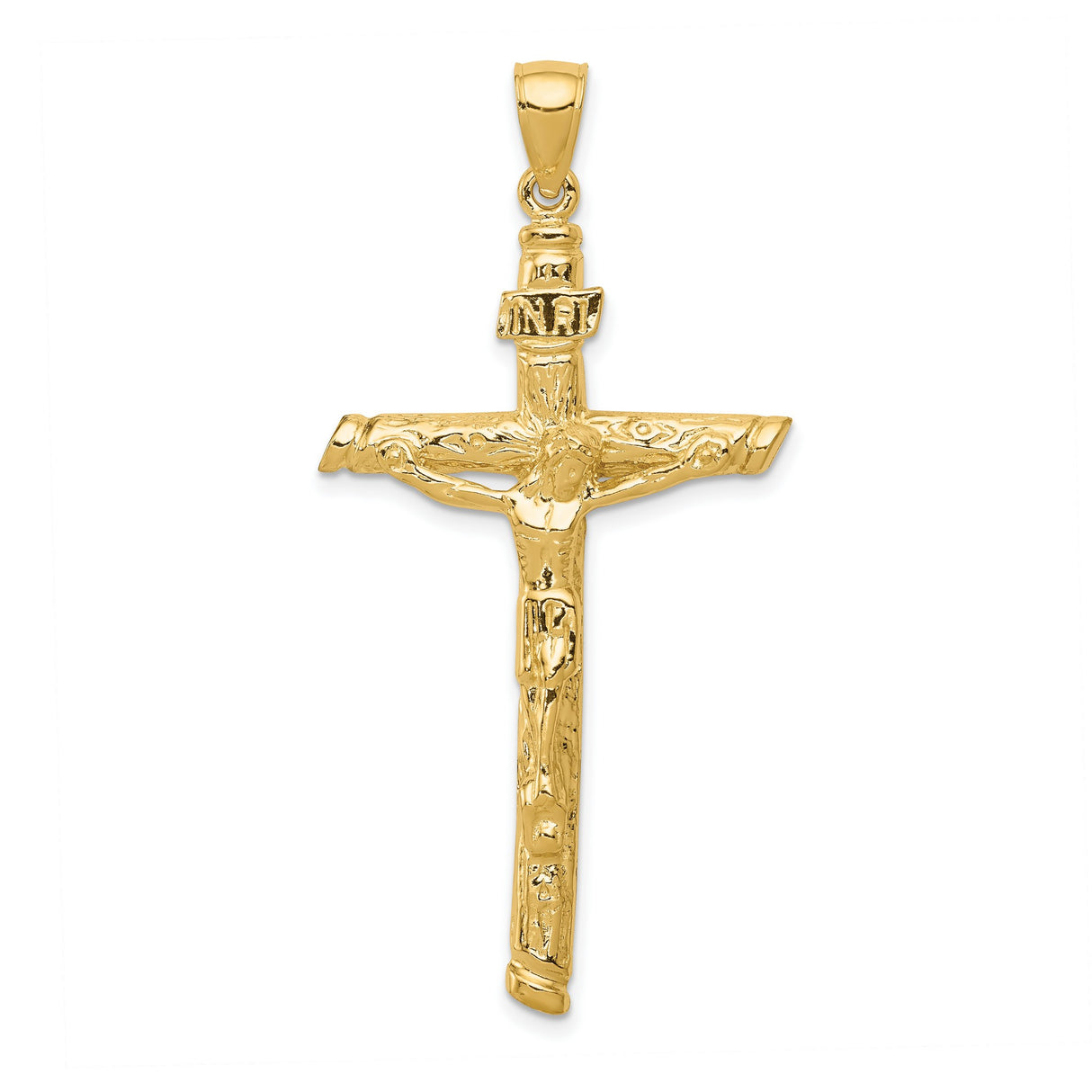 10k Yellow Gold Crucifix Pendant with INRI Detailing, Catholic Cross Charm for Men and Women