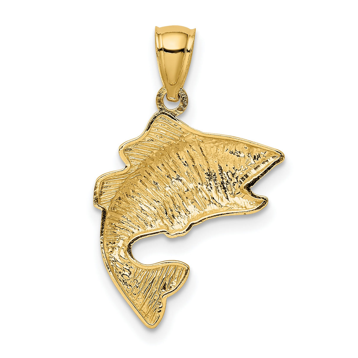 10k Yellow Gold Fish Pendant with Textured Scales, Jumping Bass Design for Anglers