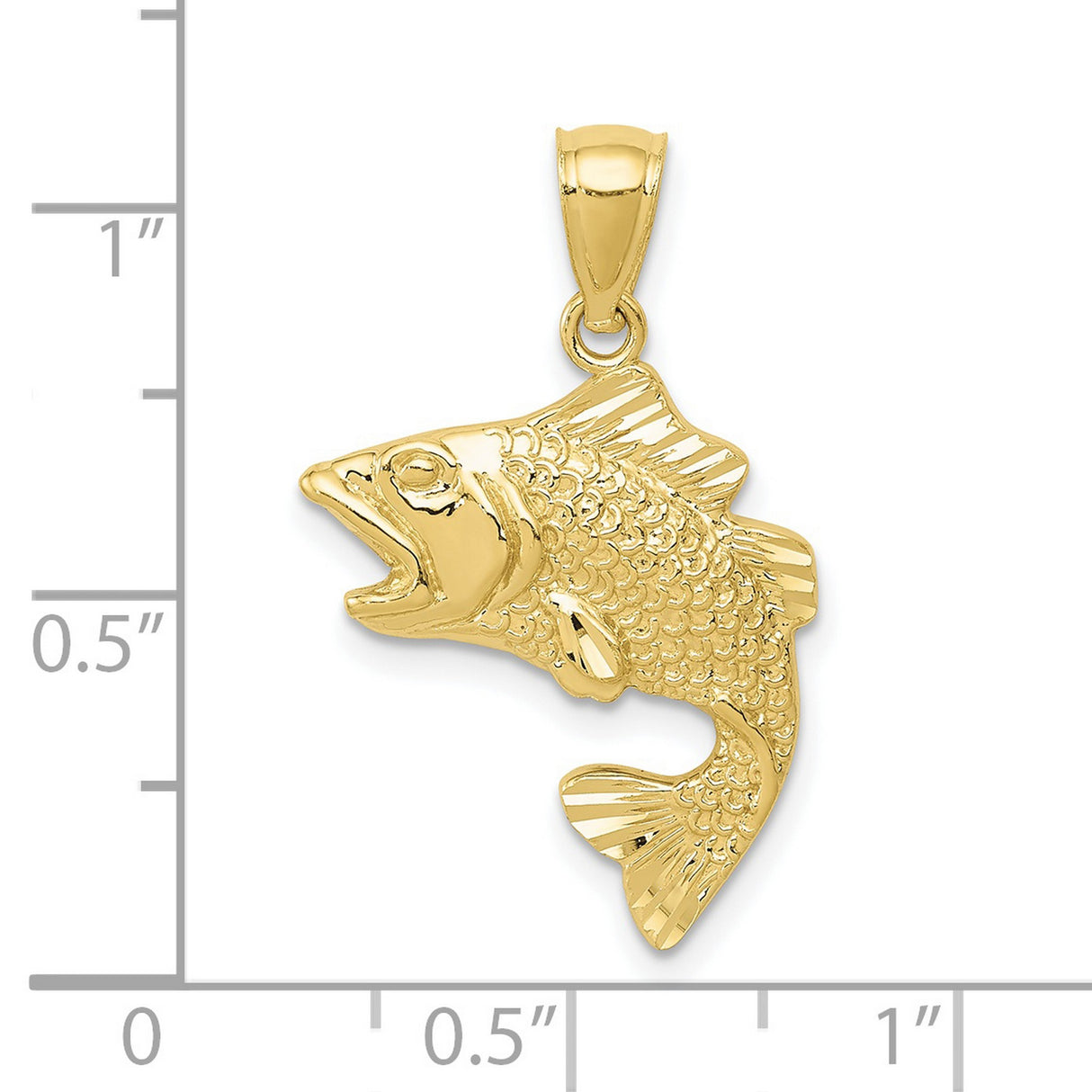 10k Yellow Gold Fish Pendant with Textured Scales, Jumping Bass Design for Anglers