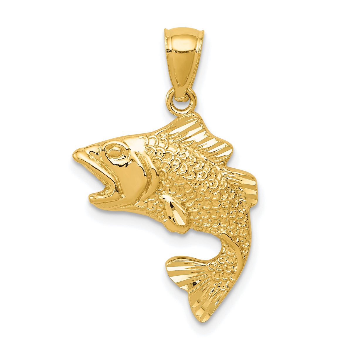 10k Yellow Gold Fish Pendant with Textured Scales, Jumping Bass Design for Anglers