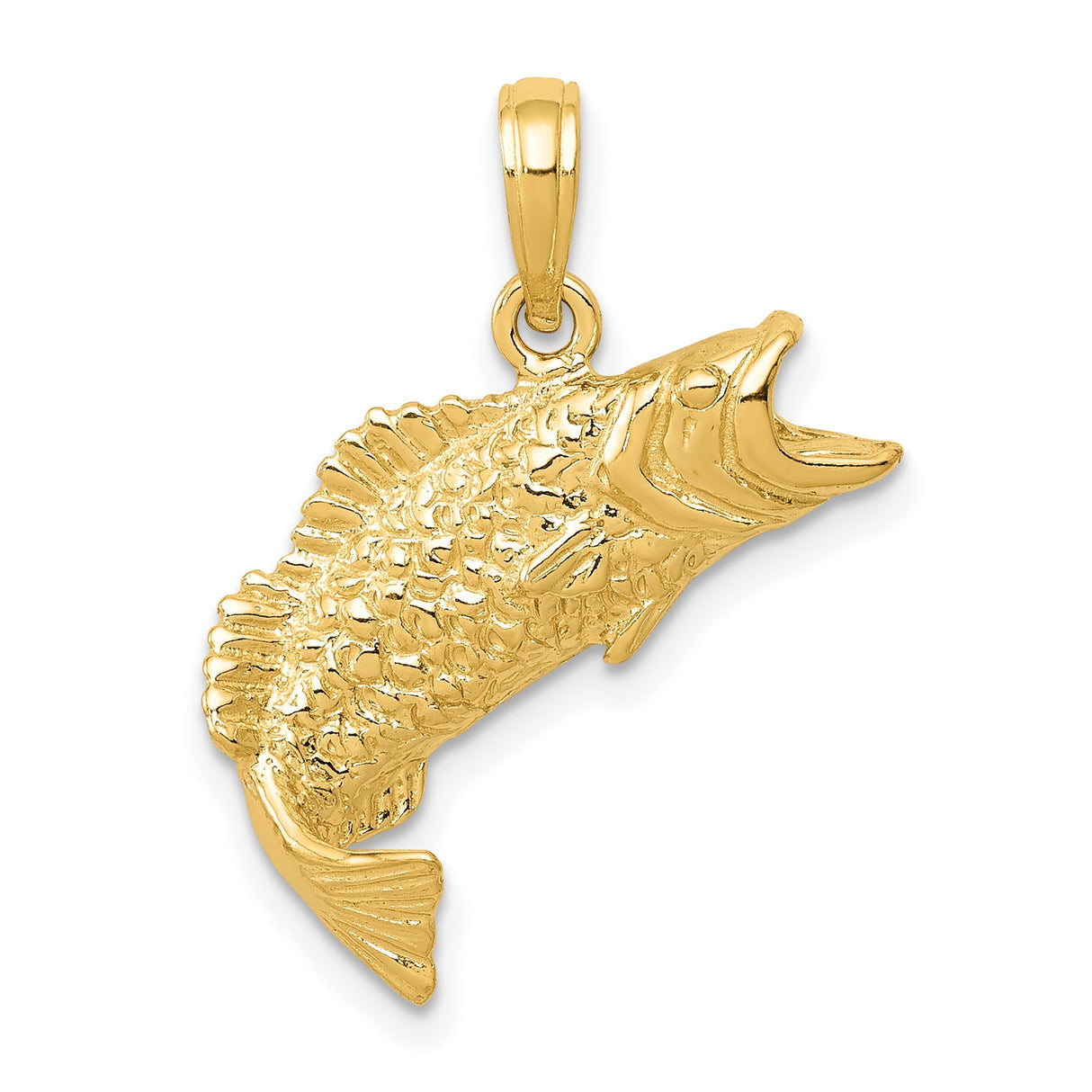 10k Yellow Gold Fish Pendant with Jumping Freshwater Bass Design, Outdoor and Nature Theme