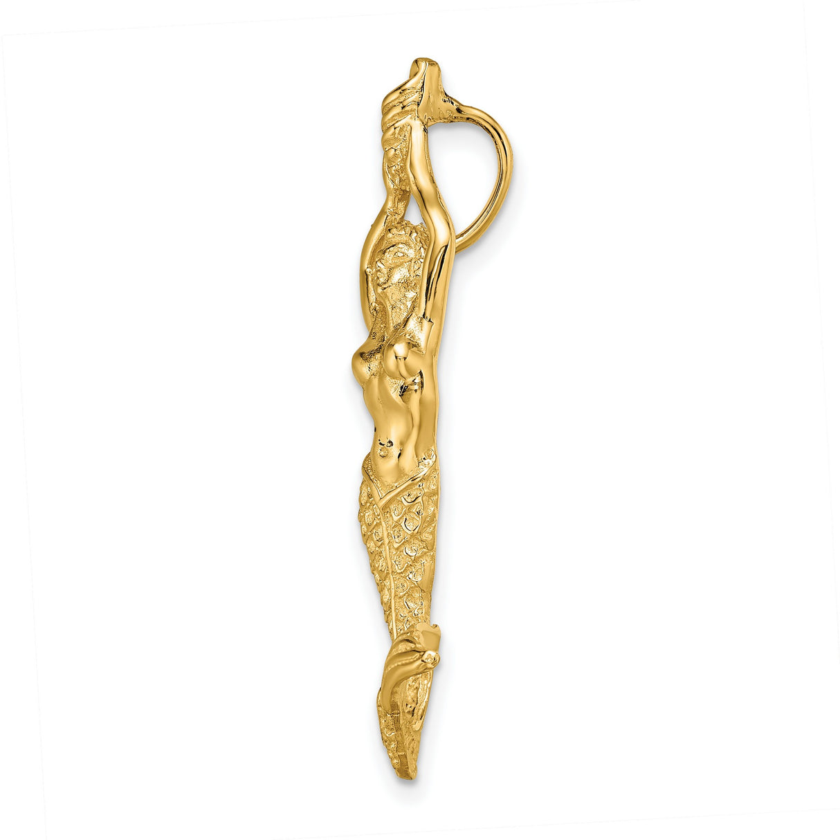 10k Yellow Gold Mermaid Pendant with Flowing Hair and Conch Shell, Nautical Fantasy Theme