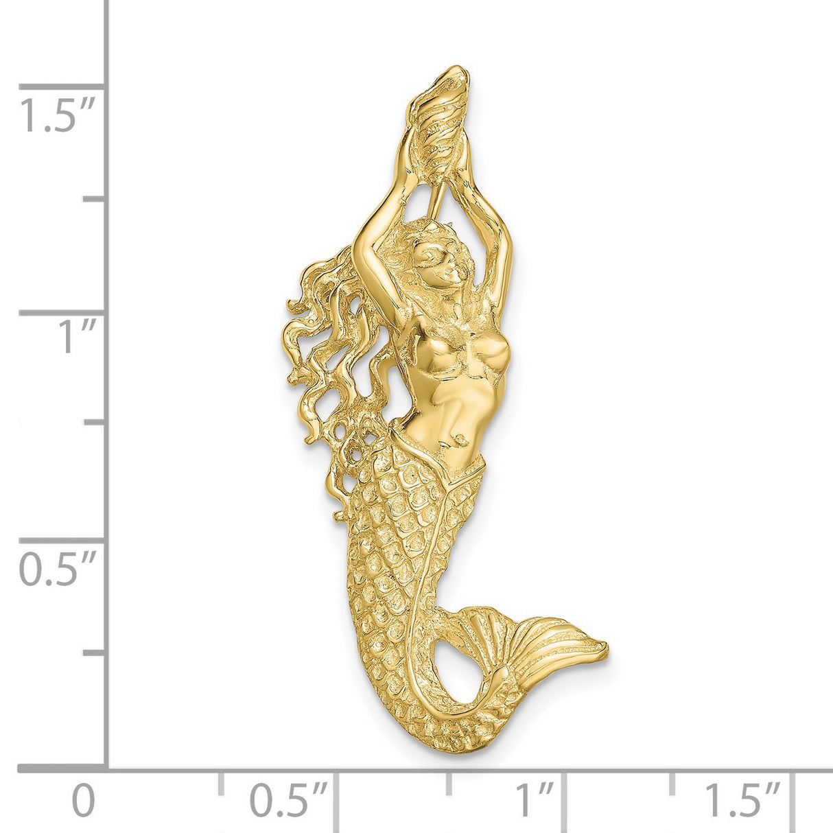 10k Yellow Gold Mermaid Pendant with Flowing Hair and Conch Shell, Nautical Fantasy Theme