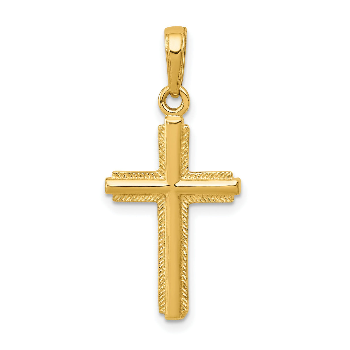 10k Yellow Gold Cross Pendant with Textured Rope Border and Beveled Edge