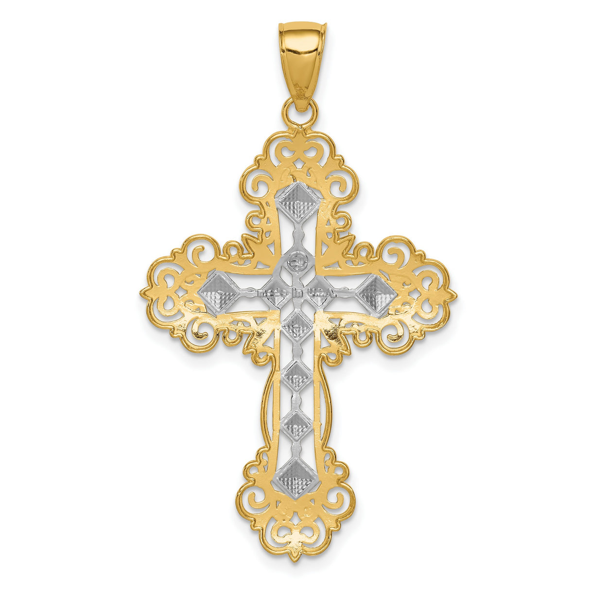 10k Multi-Tone Gold Cross Pendant with Diamond Cut and Ornate Scrollwork Design