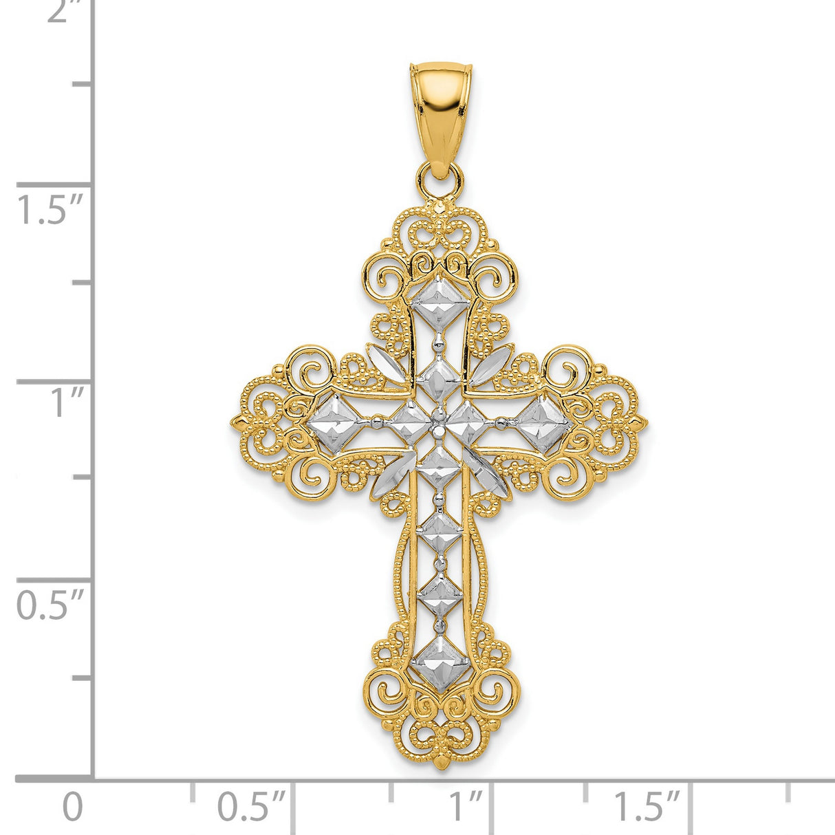 10k Multi-Tone Gold Cross Pendant with Diamond Cut and Ornate Scrollwork Design