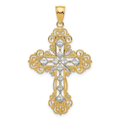 10k Multi-Tone Gold Cross Pendant with Diamond Cut and Ornate Scrollwork Design