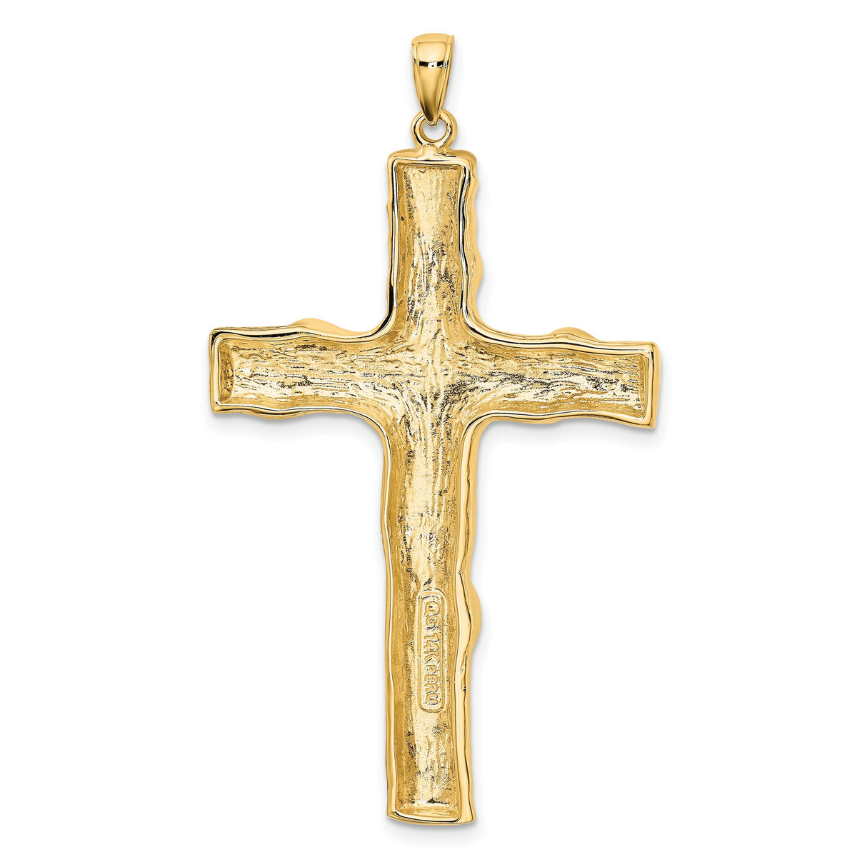 10k Yellow Gold Cross Pendant with Textured Wood Grain Design, Rustic Tree Bark Style