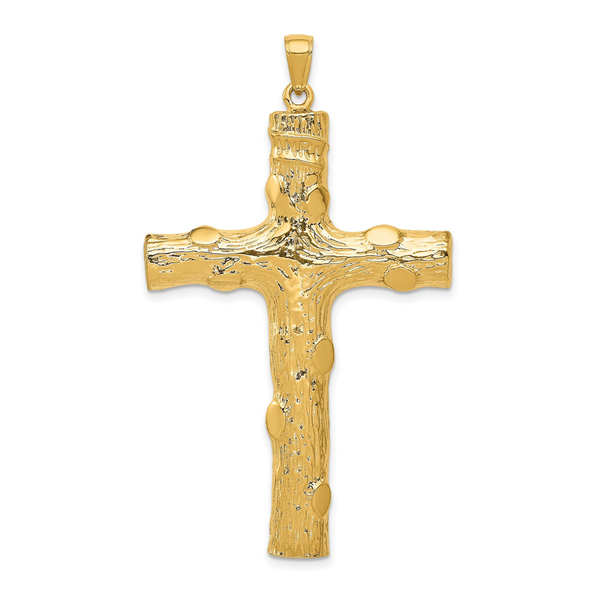 10k Yellow Gold Cross Pendant with Textured Wood Grain Design, Rustic Tree Bark Style