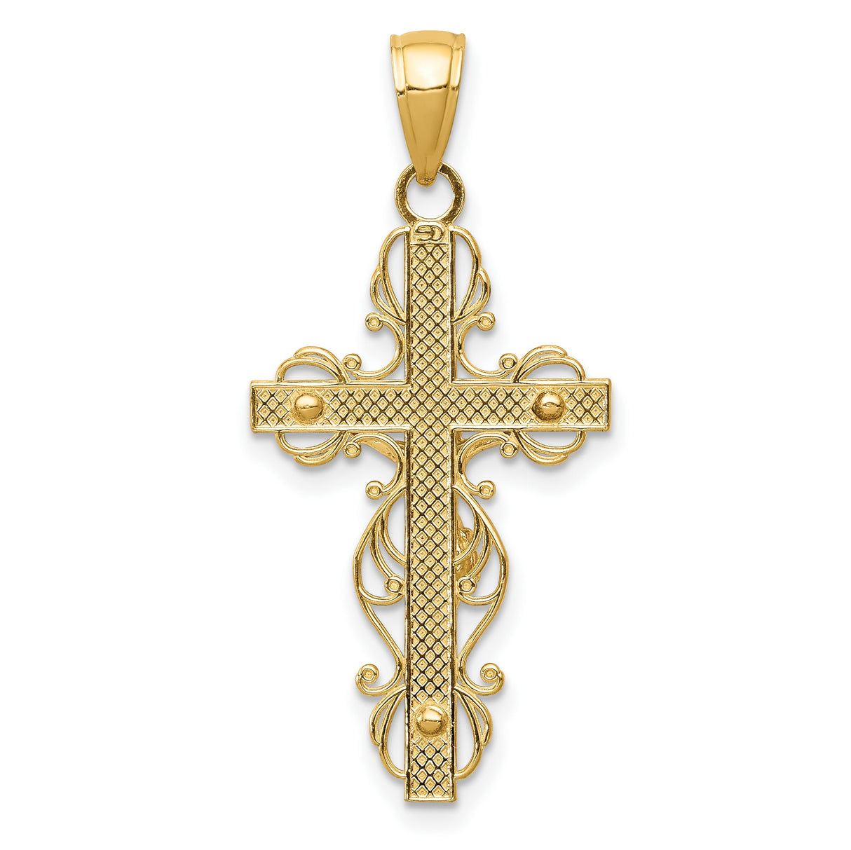10k Yellow Gold Crucifix Pendant with Sculpted Christ and Filigree Accents