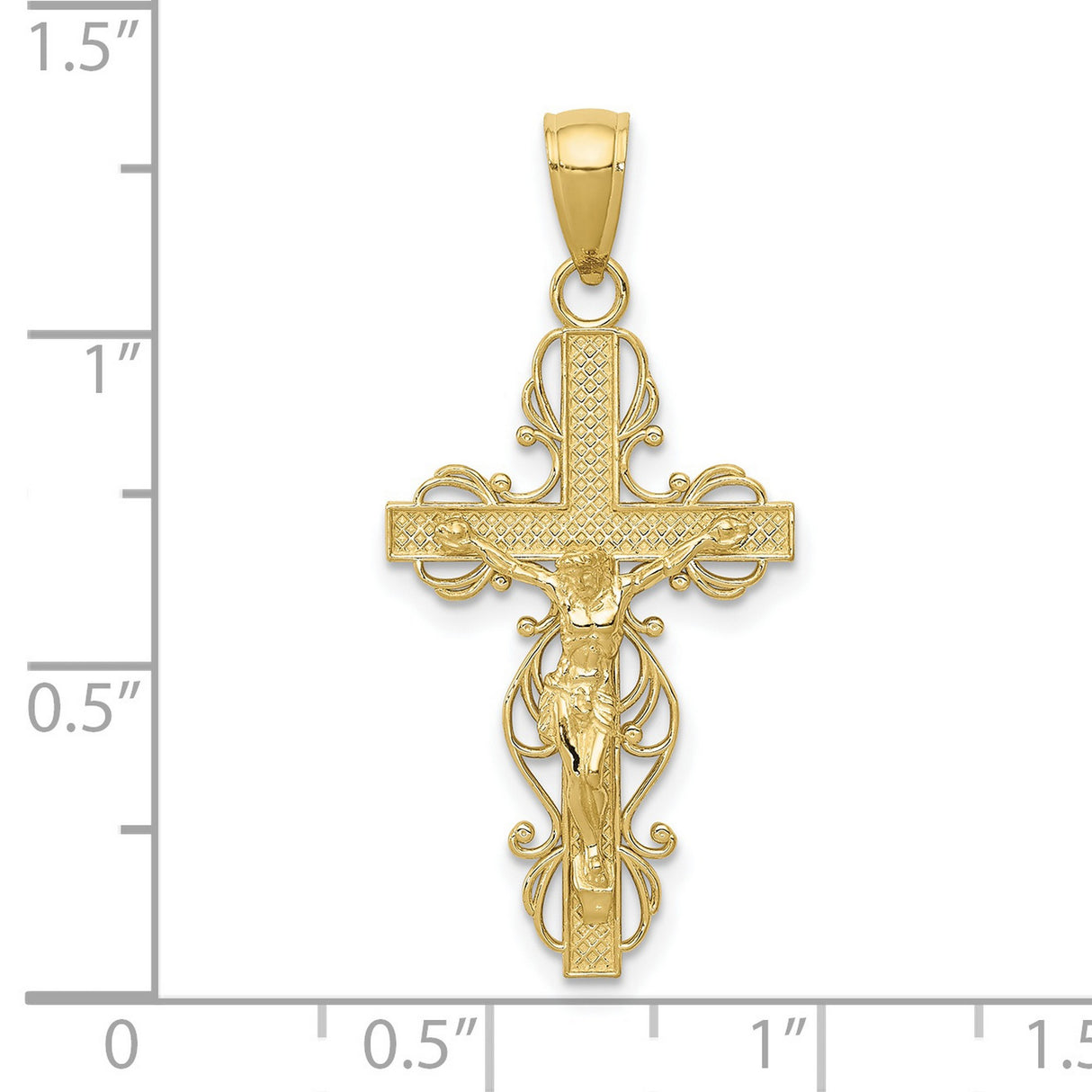 10k Yellow Gold Crucifix Pendant with Sculpted Christ and Filigree Accents