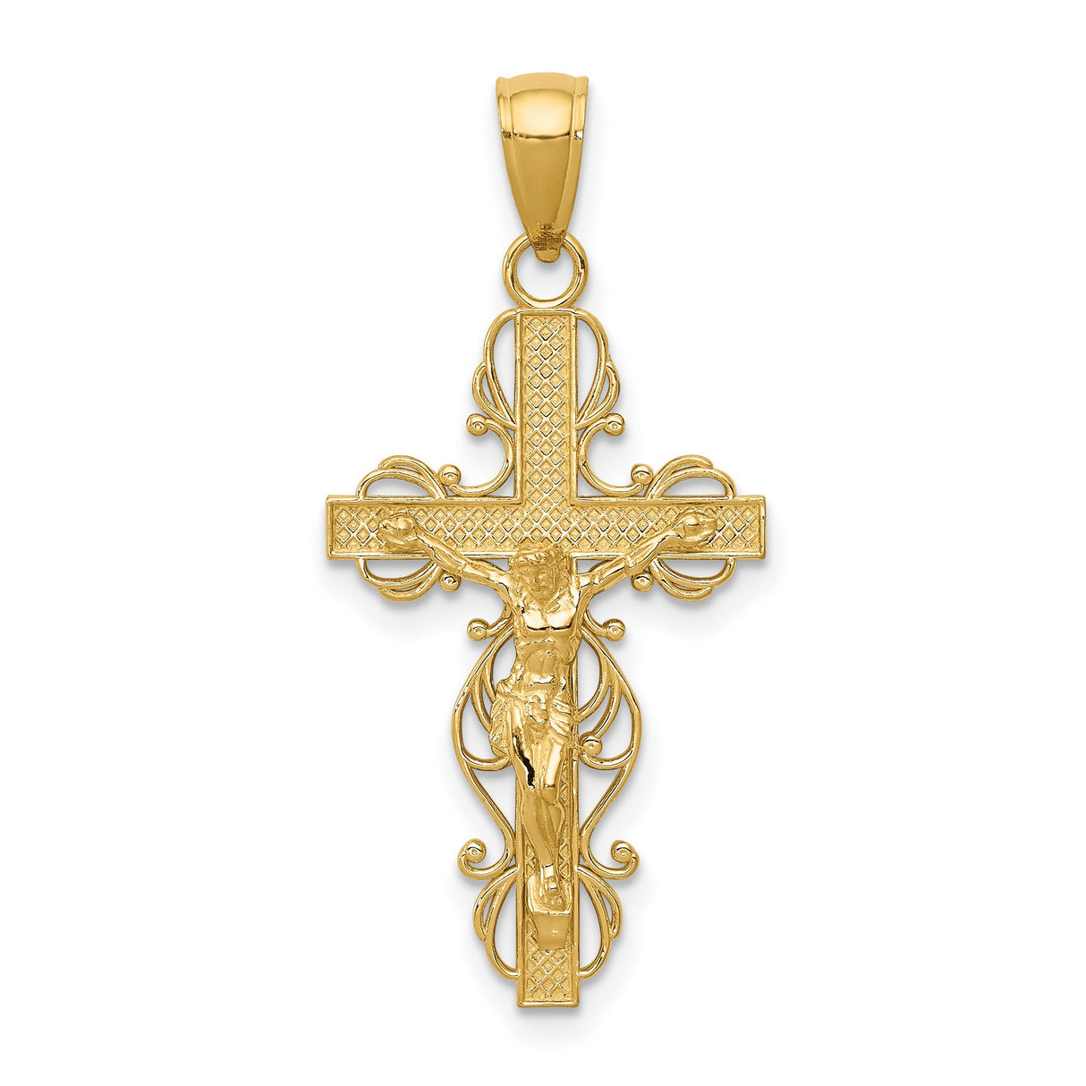 10k Yellow Gold Crucifix Pendant with Sculpted Christ and Filigree Accents