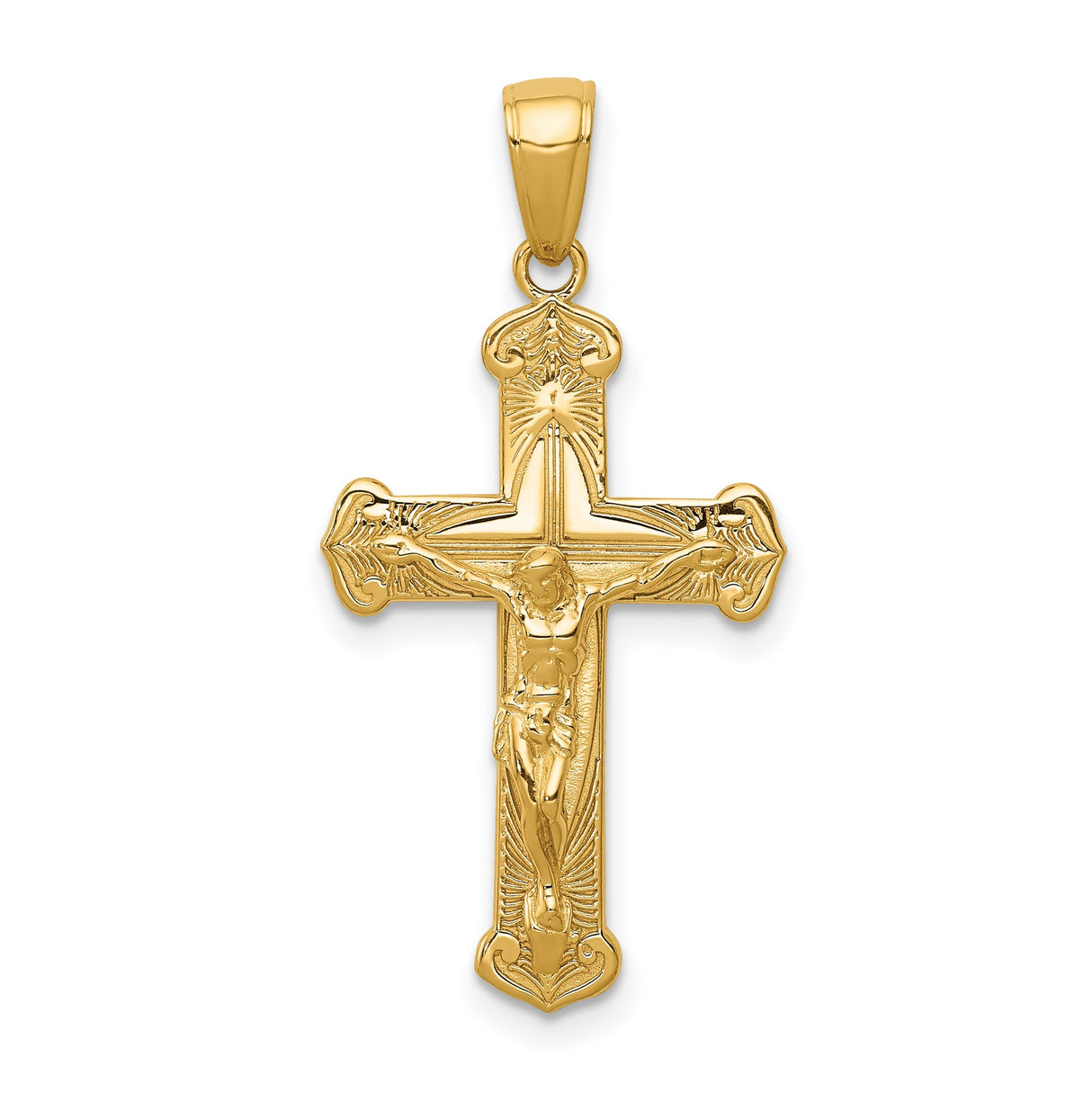 10k Yellow Gold Crucifix Cross Pendant with Textured Detail, Latin Christian Religious Charm