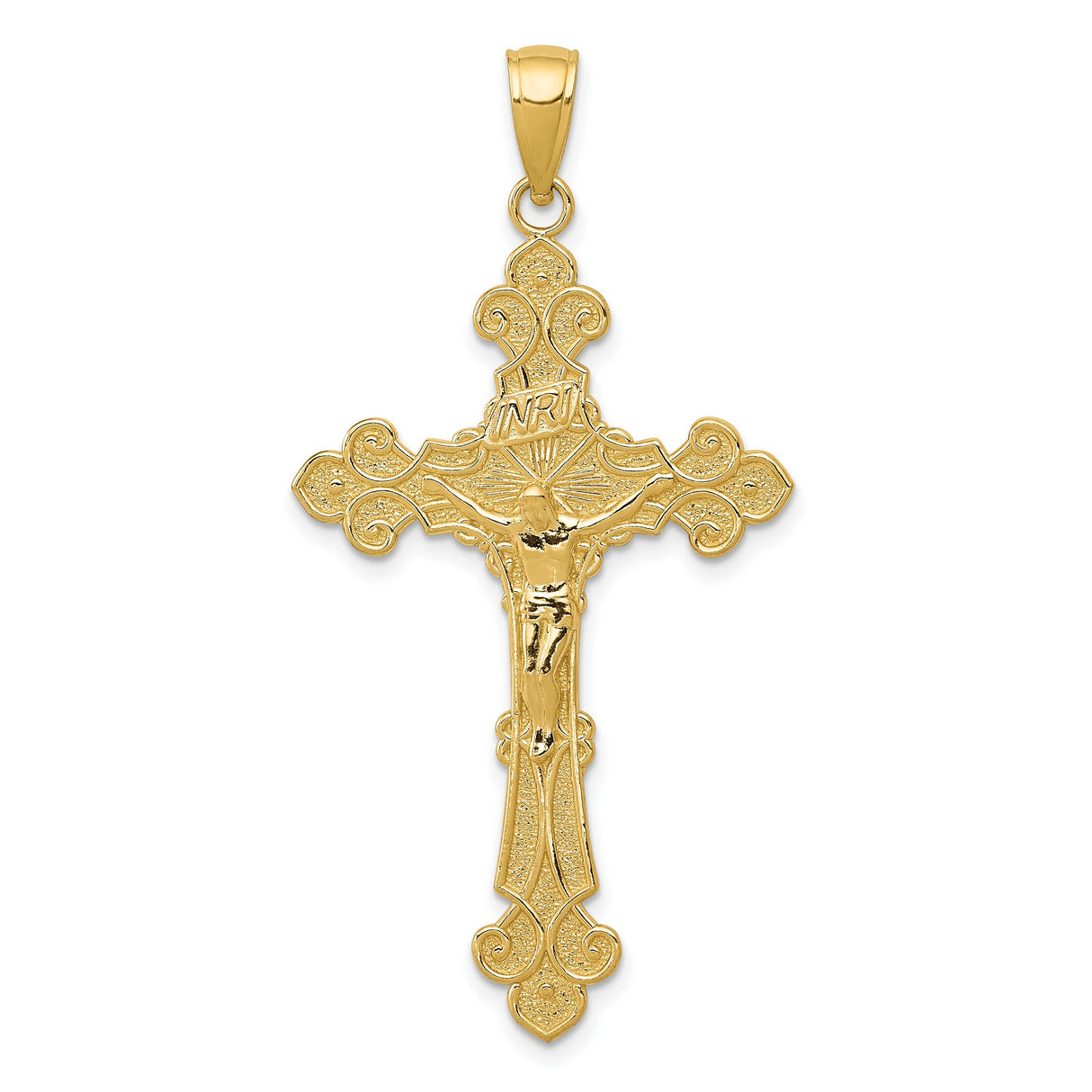 10k Yellow Gold Crucifix Cross Pendant with INRI Jesus Figure, Textured Catholic Design