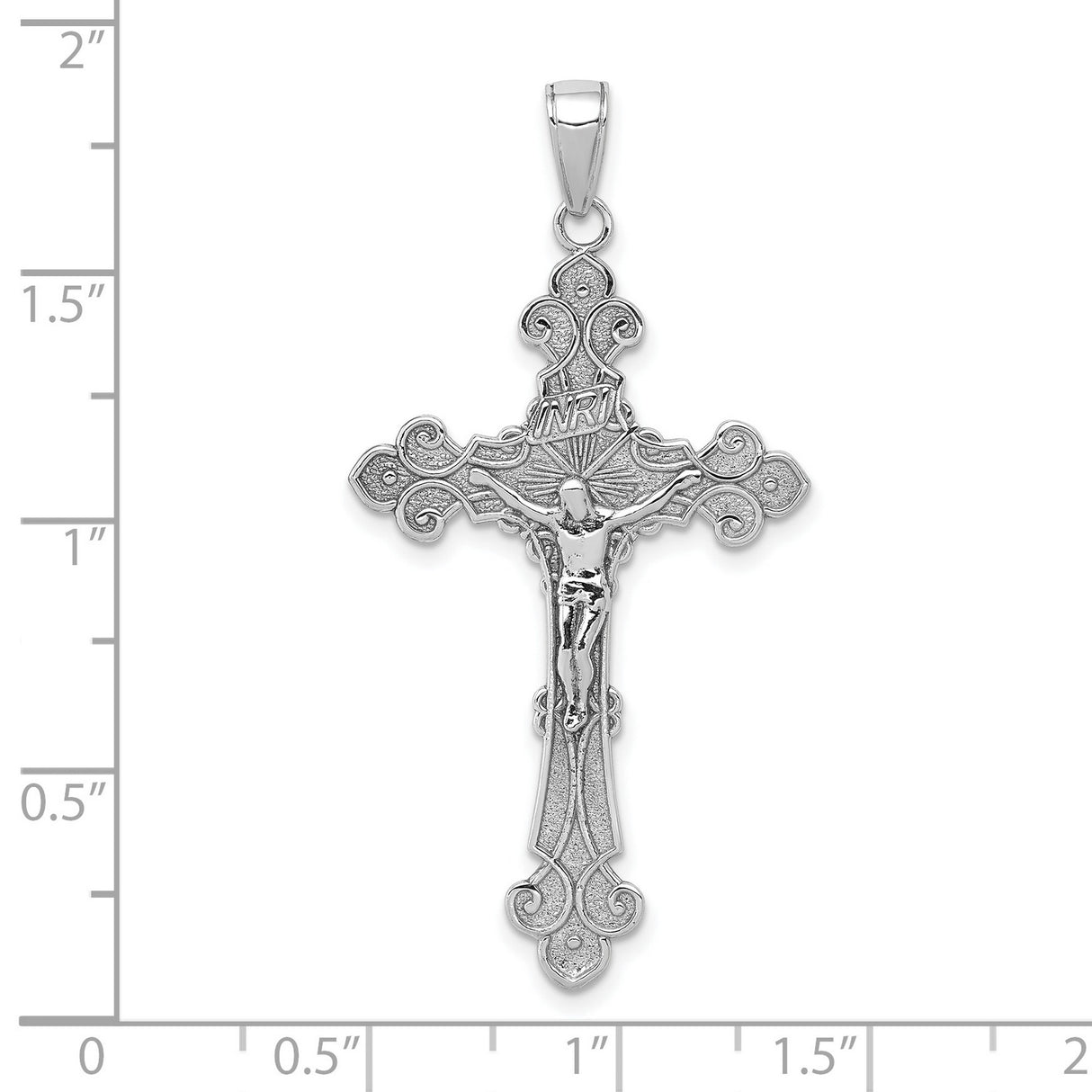 10k White Gold Crucifix Pendant with INRI and Fleur de Lis Details