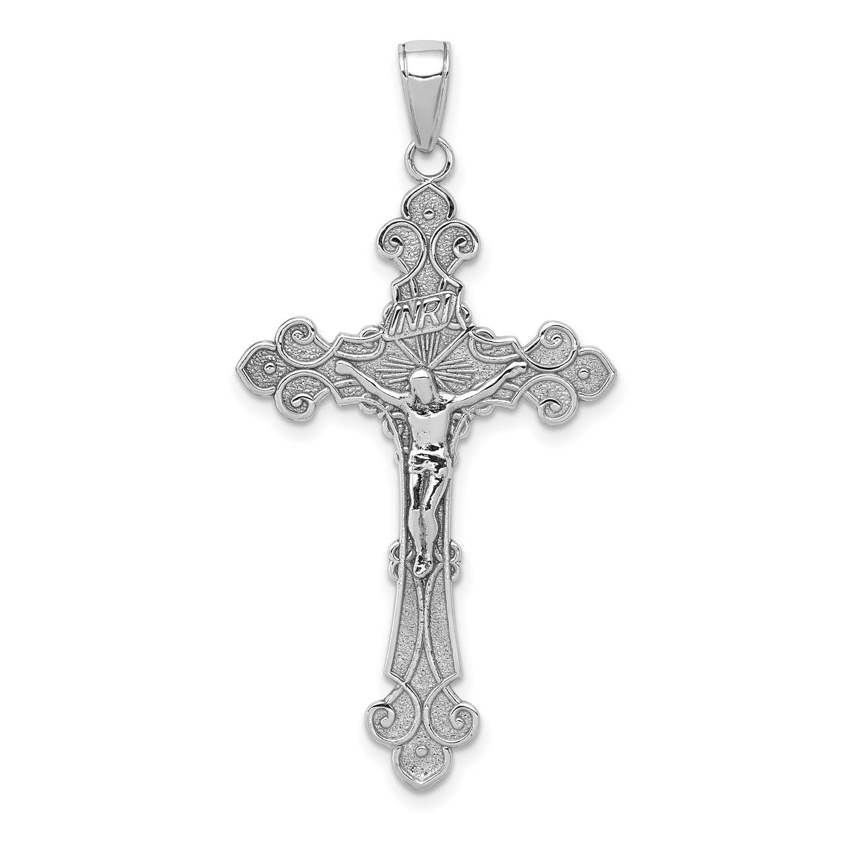 10k White Gold Crucifix Pendant with INRI and Fleur de Lis Details
