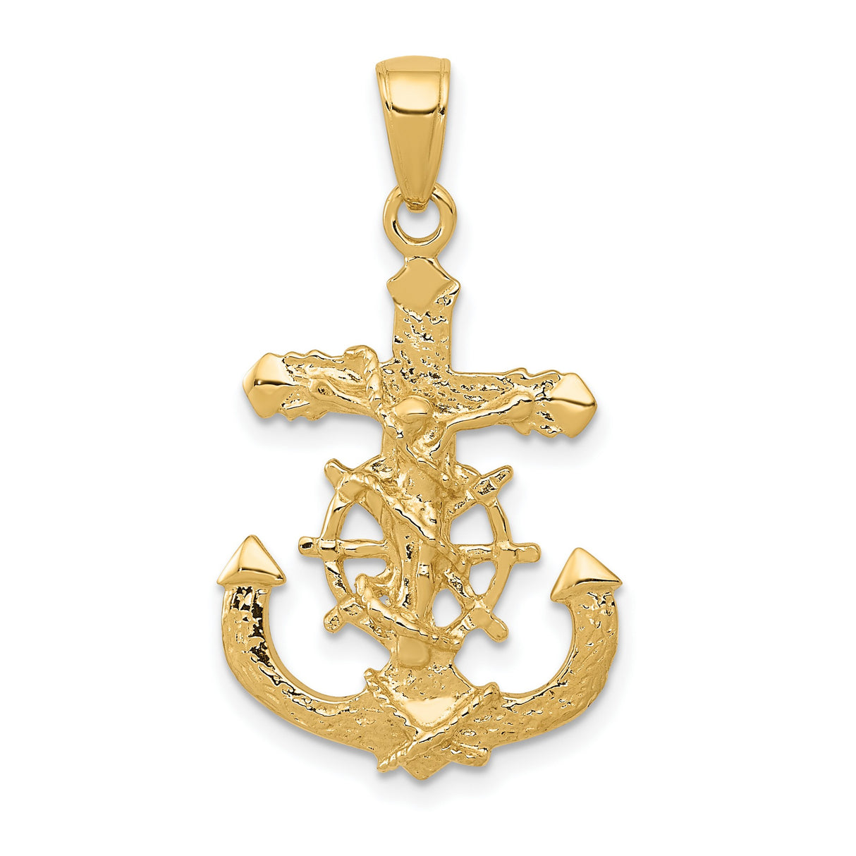 10k Yellow Gold Crucifix Anchor Cross Pendant with Rope Wheel Nautical Design