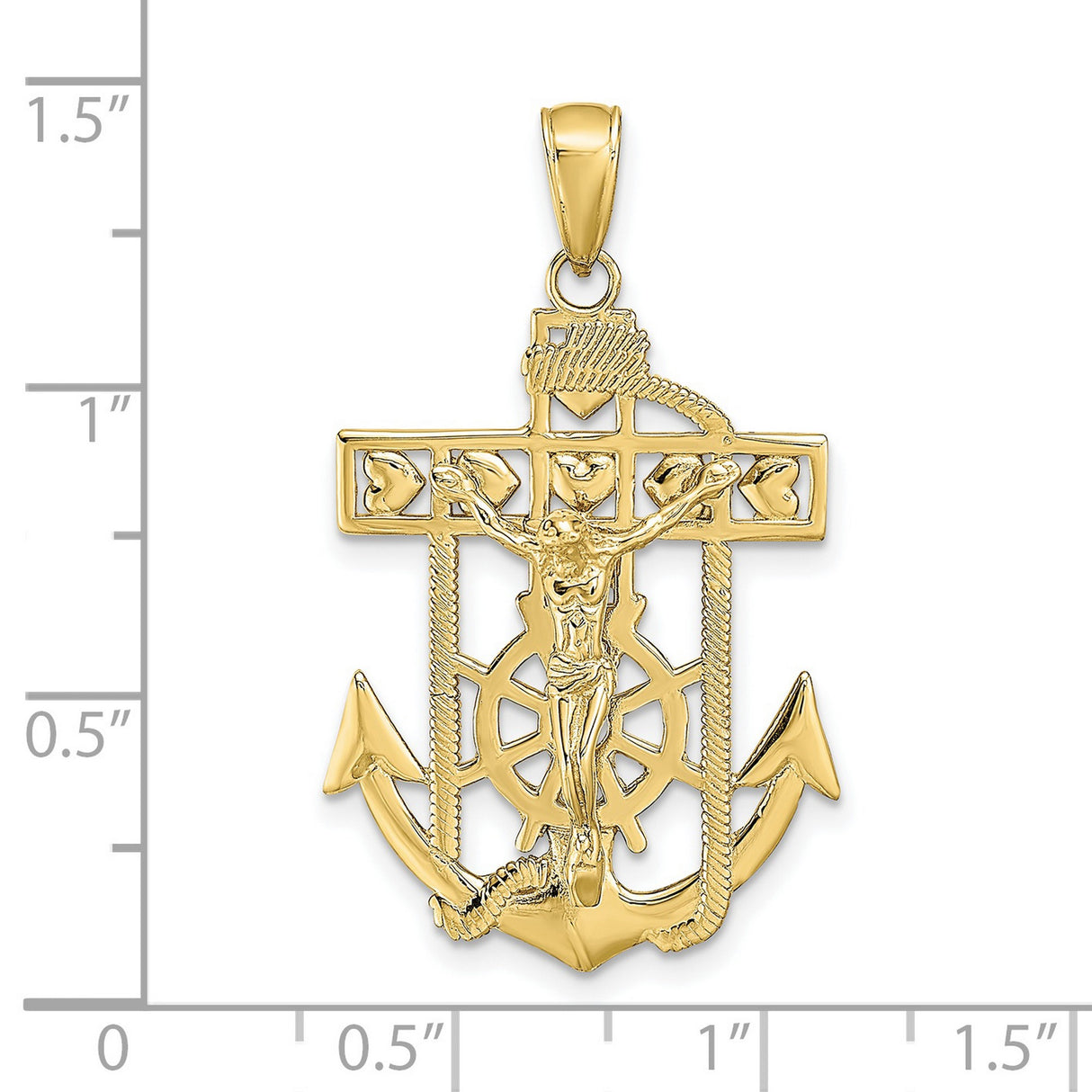 10k Yellow Gold Crucifix Pendant with Anchor and Ship Wheel Nautical Design