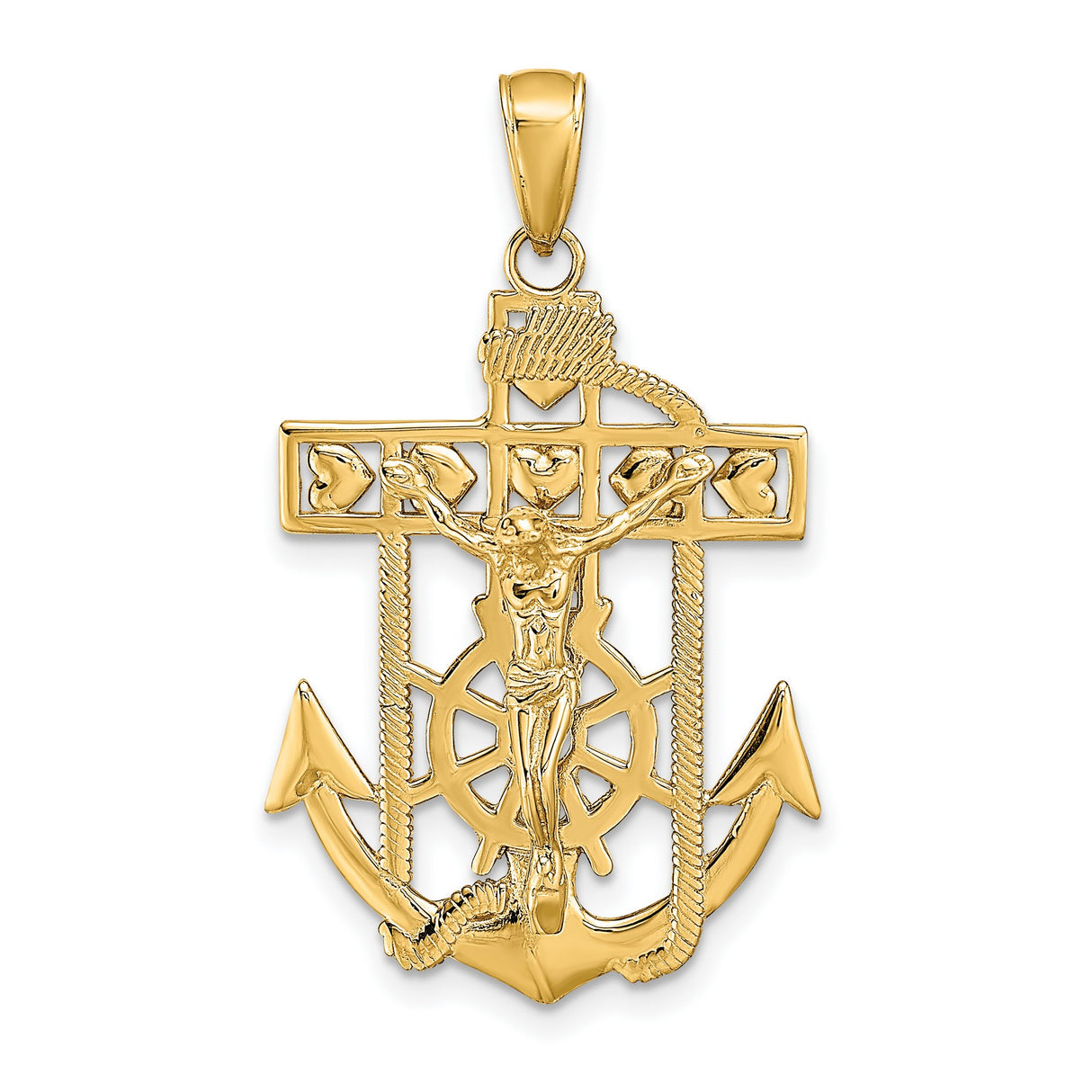 10k Yellow Gold Crucifix Pendant with Anchor and Ship Wheel Nautical Design