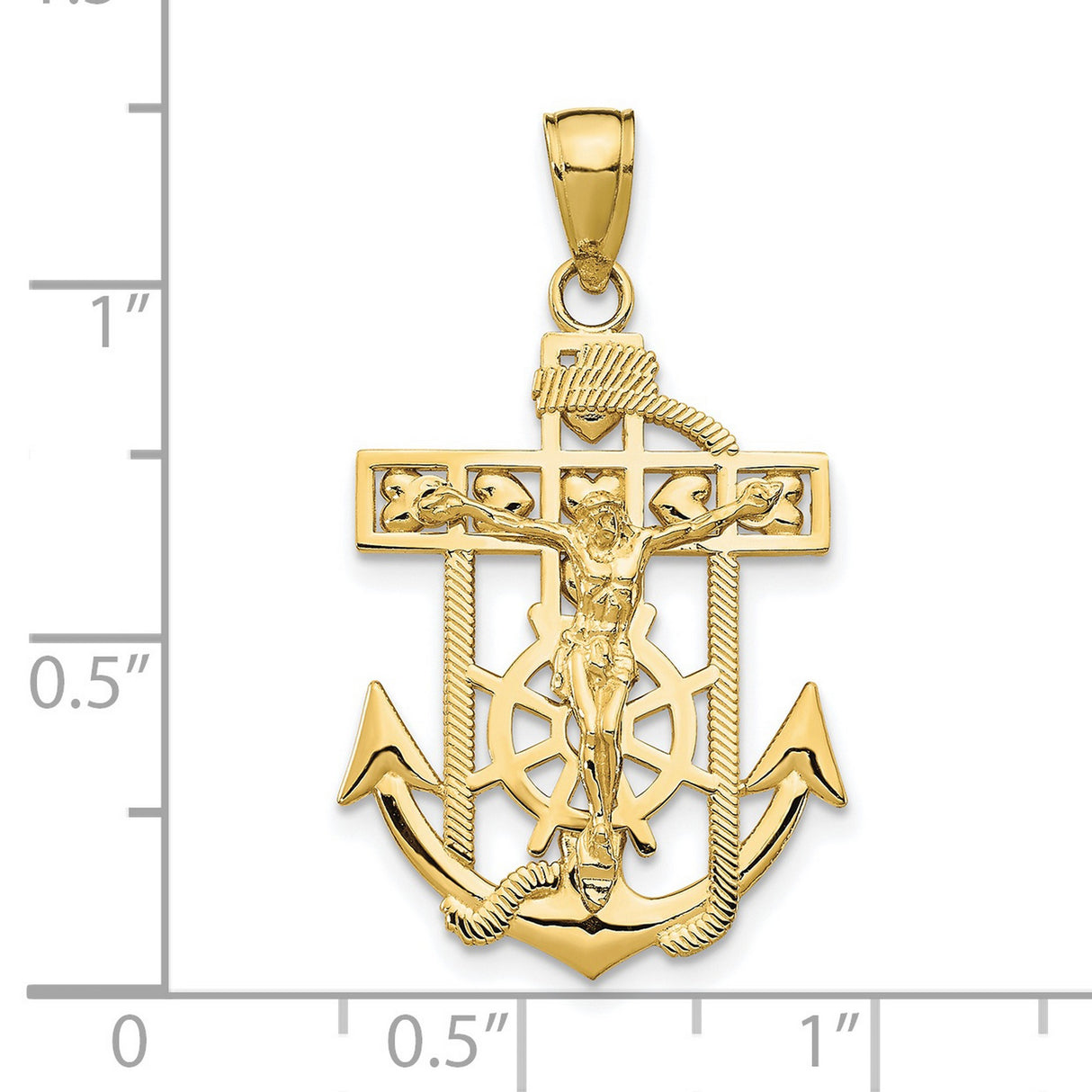 10k Yellow Gold Crucifix Cross Pendant with Textured Finish and Anchor Rope Design