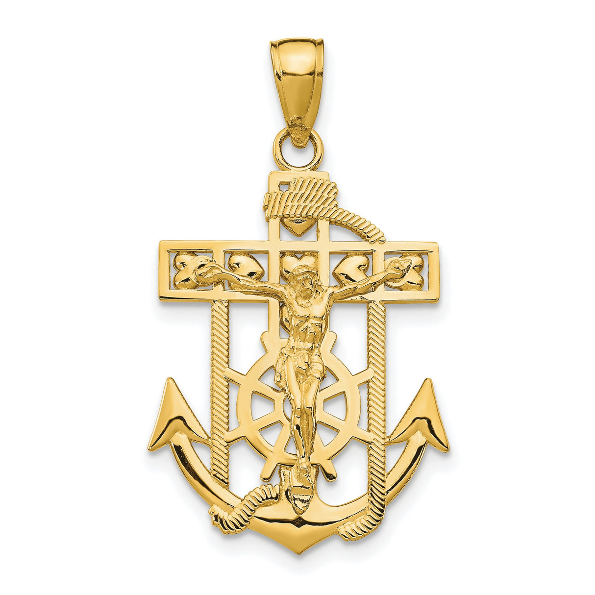 10k Yellow Gold Crucifix Cross Pendant with Textured Finish and Anchor Rope Design