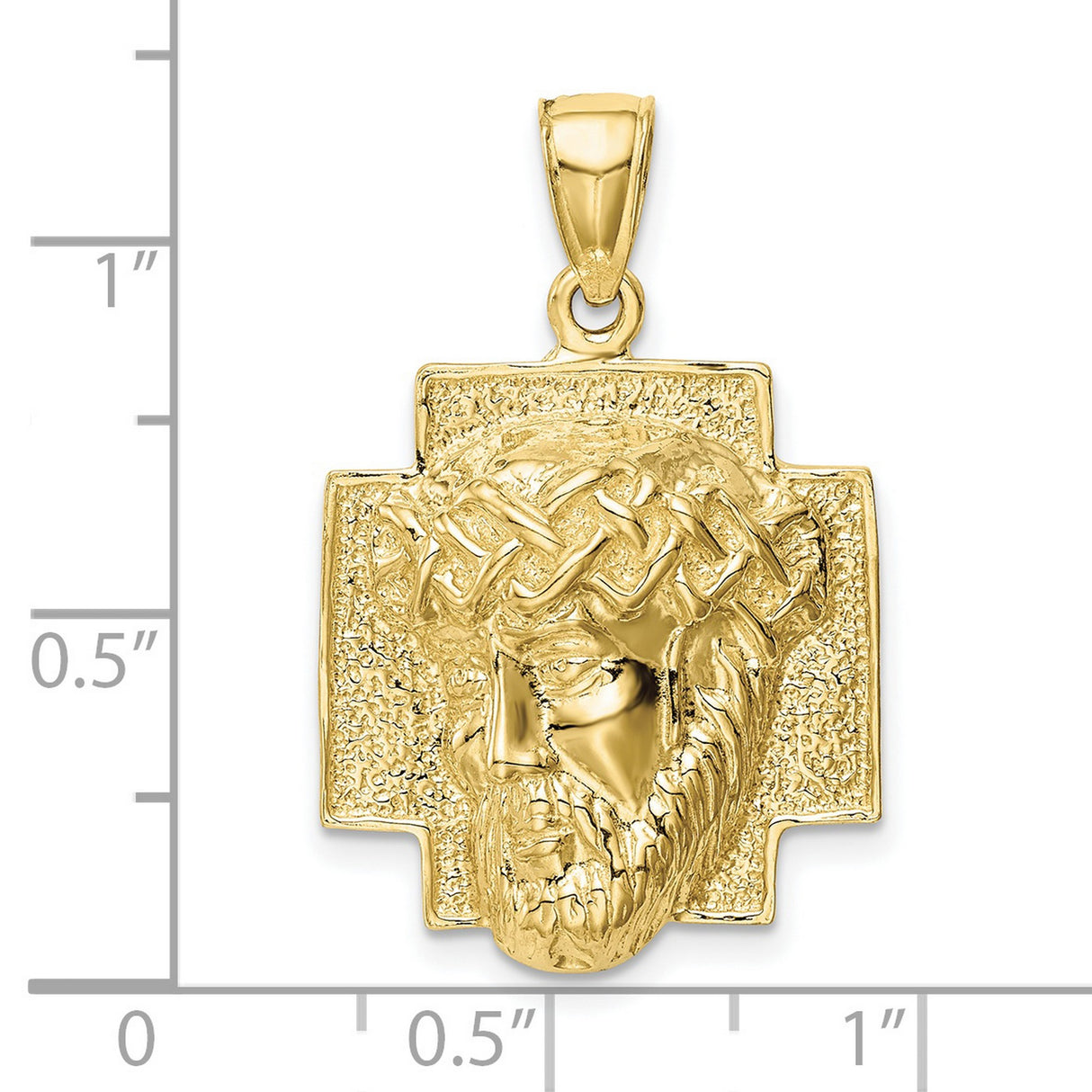 10k Yellow Gold Jesus Head Pendant with Crown of Thorns on Textured Cross