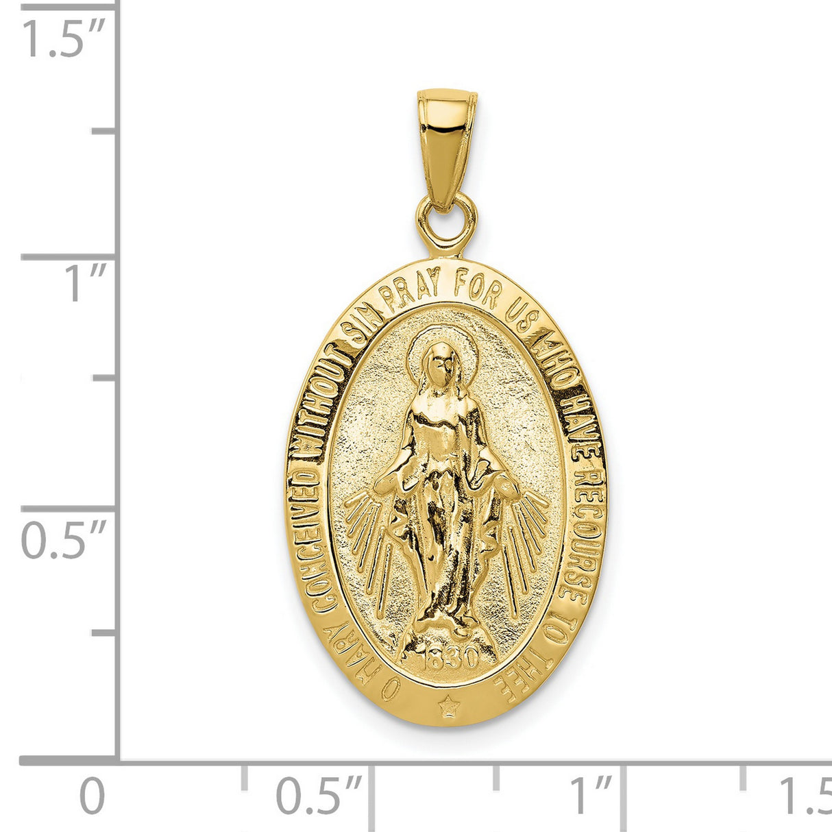 10k Yellow Gold Miraculous Medal Pendant with Virgin Mary and Light Rays, Satin Finish Charm