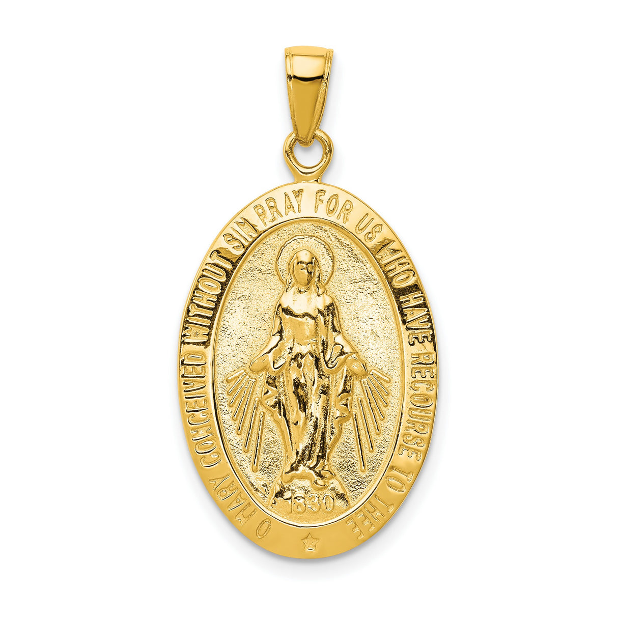 10k Yellow Gold Miraculous Medal Pendant with Virgin Mary and Light Rays, Satin Finish Charm