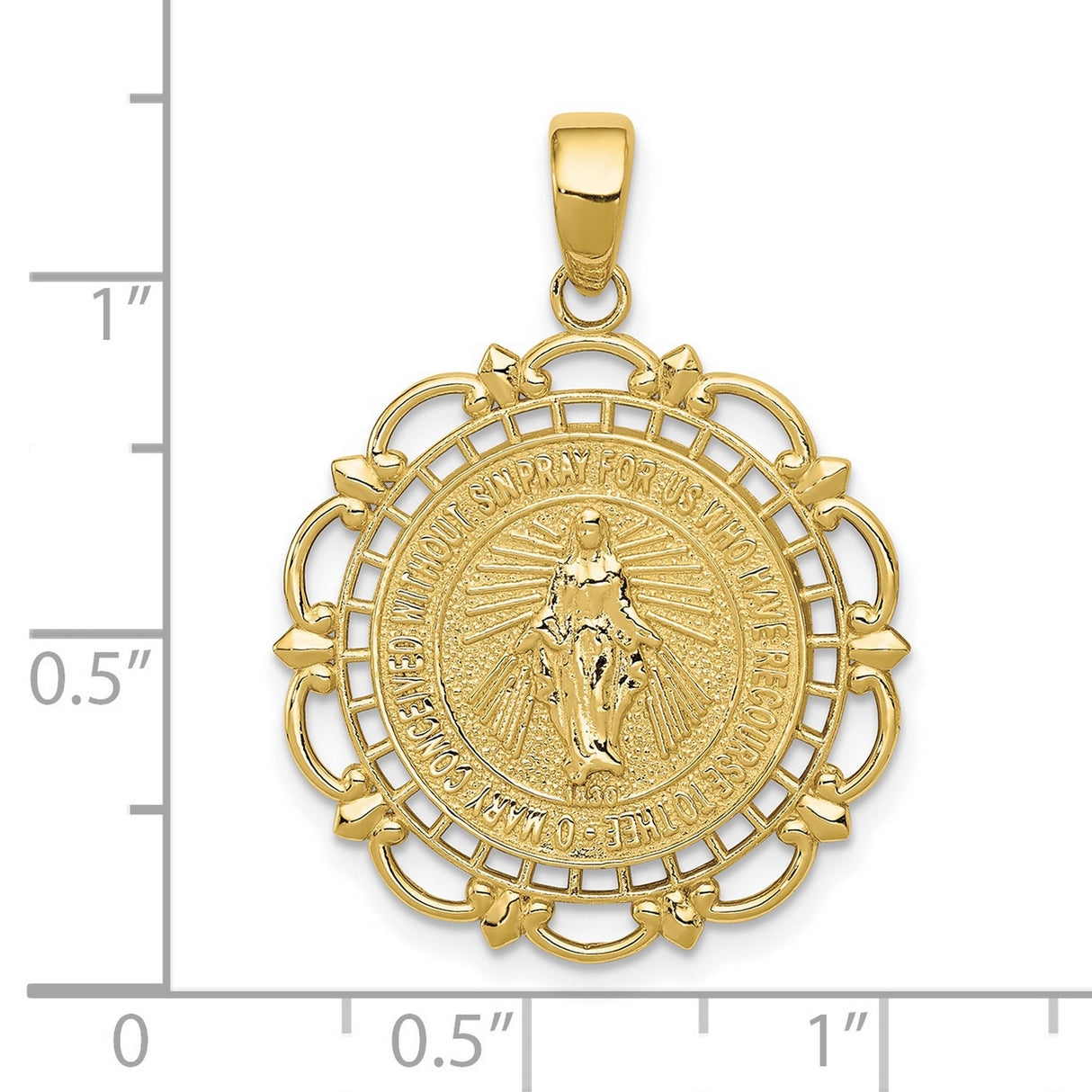 10k Yellow Gold Miraculous Medal Pendant with Virgin Mary and Scallop Frame